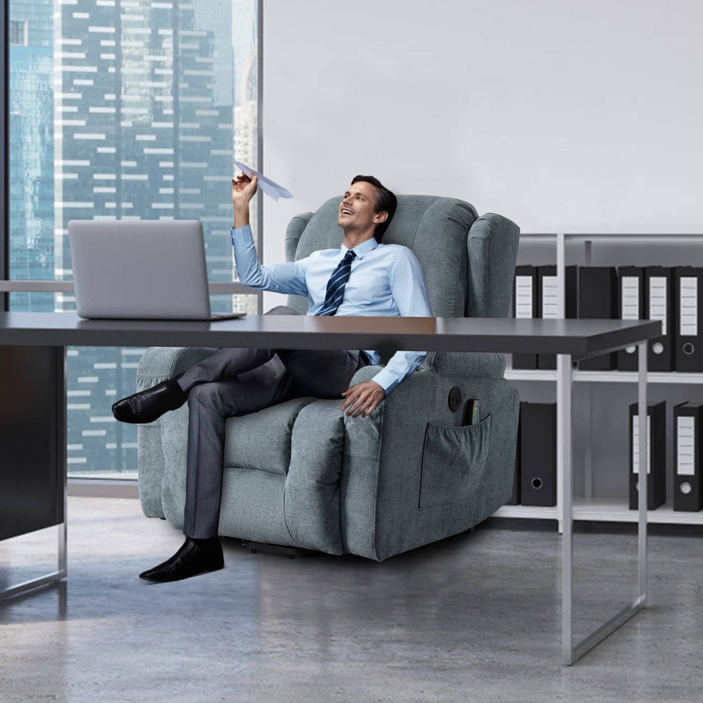 Gray fabric power recliner with builtin side pocket and remote perfect for home office comfort