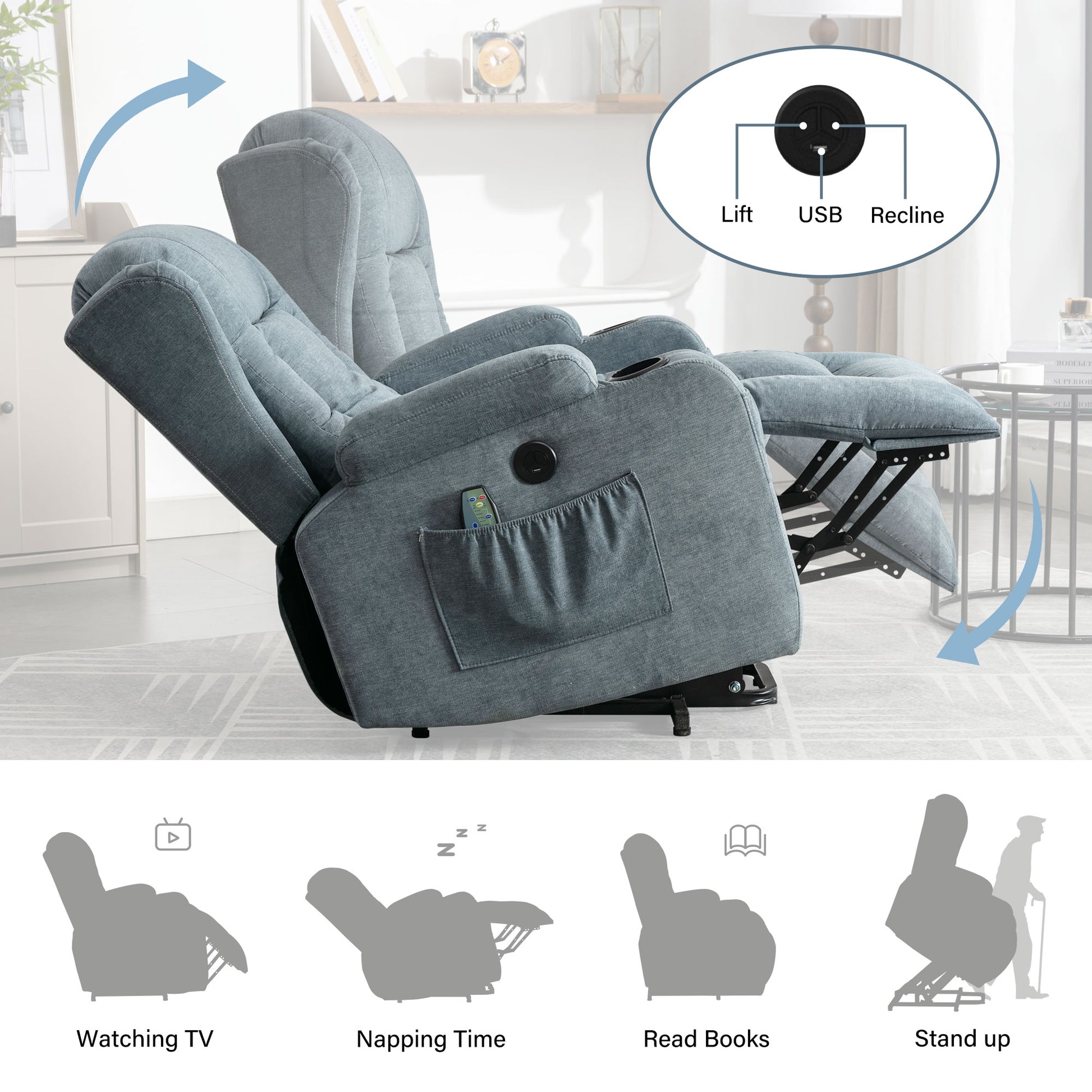 Comfortable grey fabric recliner chair with power lift and USB charging port