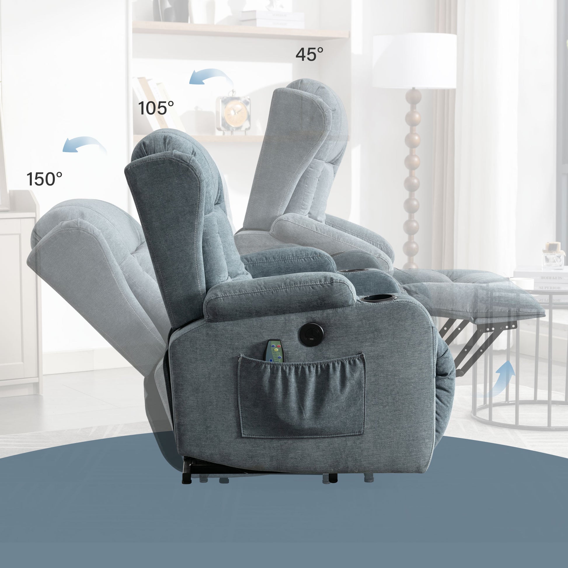 Grey fabric recliner chair with adjustable recline angles from  to  degrees for ultimate comfort