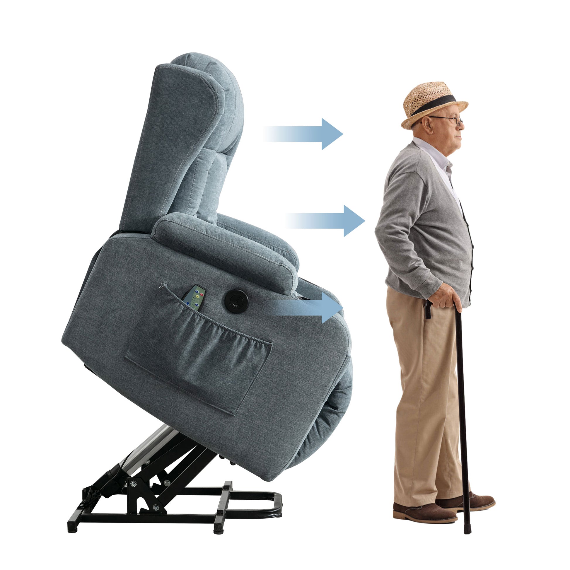 Grey fabric lift chair with remote control and side pocket
