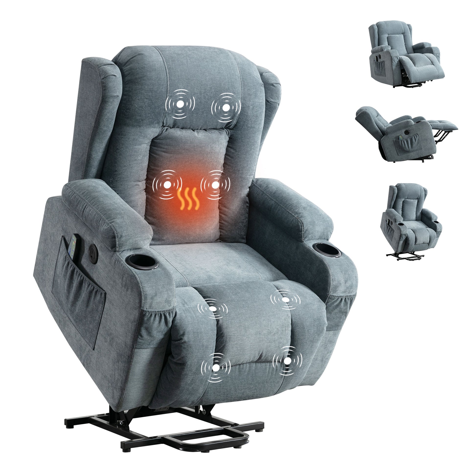 Grey fabric power lift recliner chair with heating and massage functions