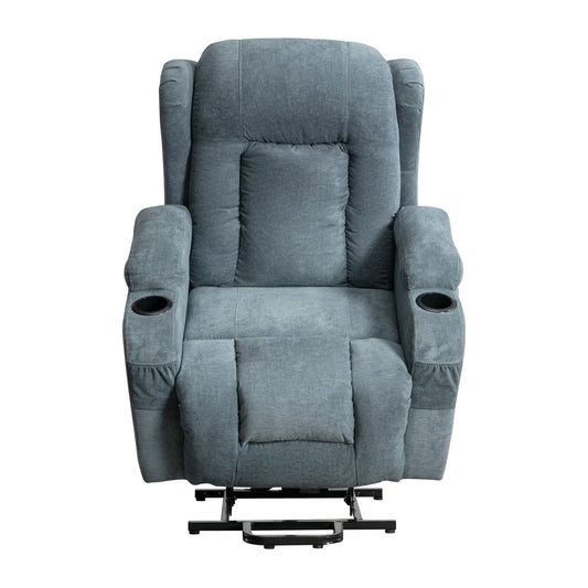 Comfortable grey fabric recliner chair with dual cup holders and power lift function