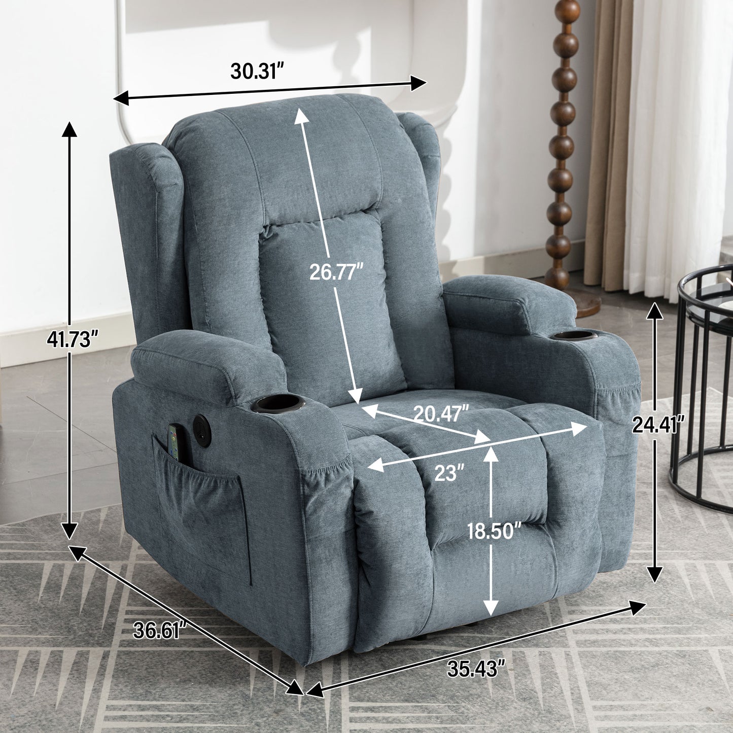 Gray upholstered power recliner with cup holders and side pocket