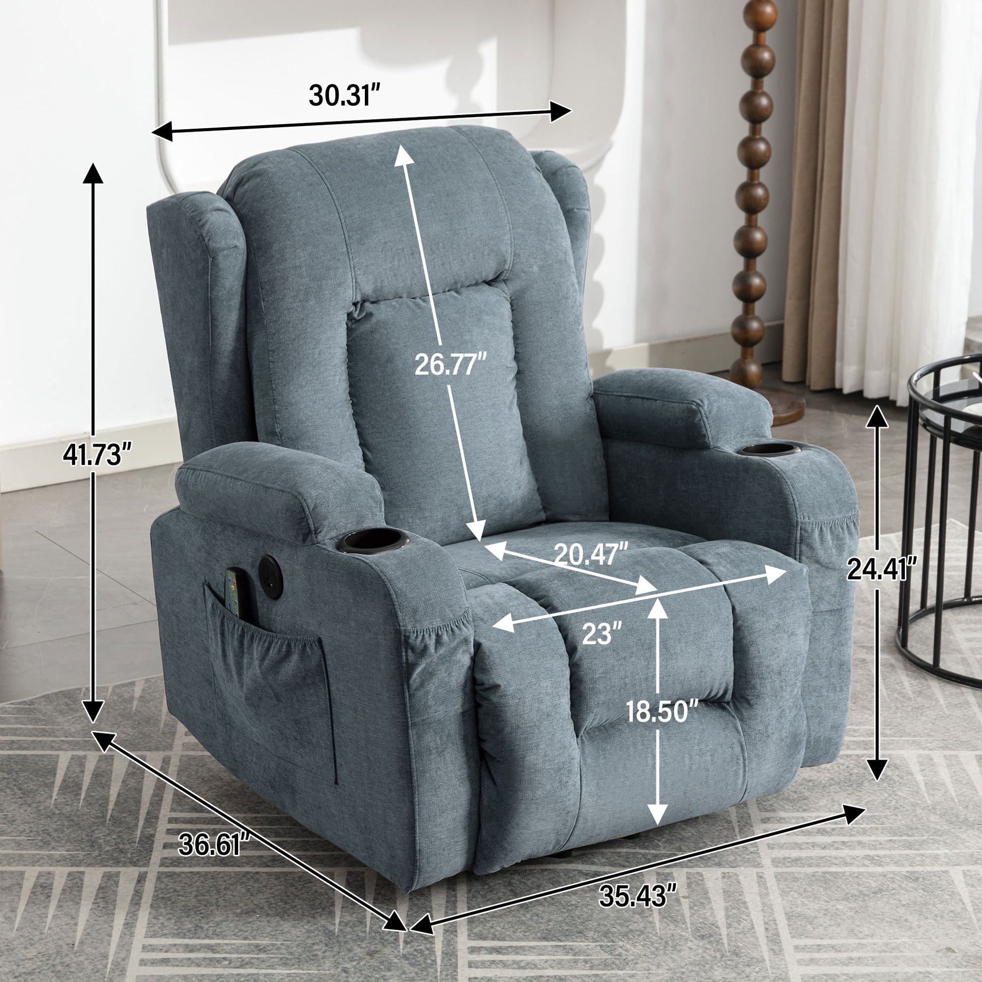 Gray upholstered power recliner with cup holders and side pocket