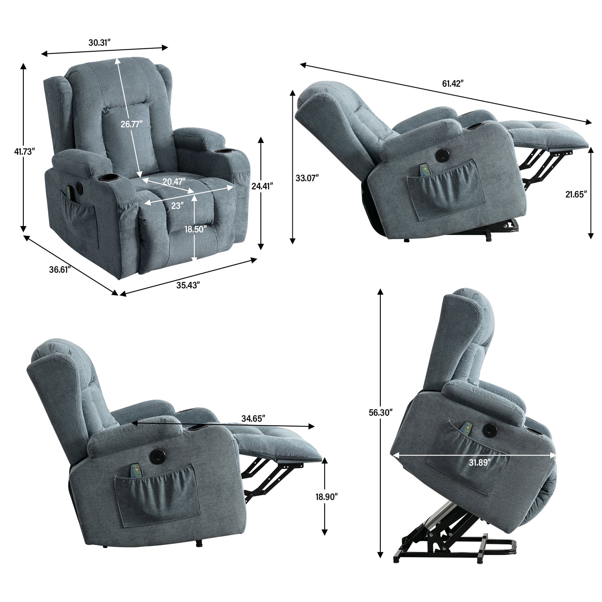 Gray fabric lift recliner with cup holders and side pockets