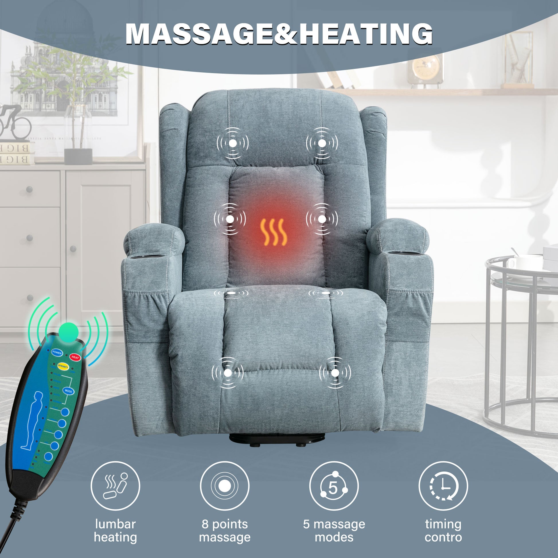 Comfortable grey fabric recliner chair with heating and massage features