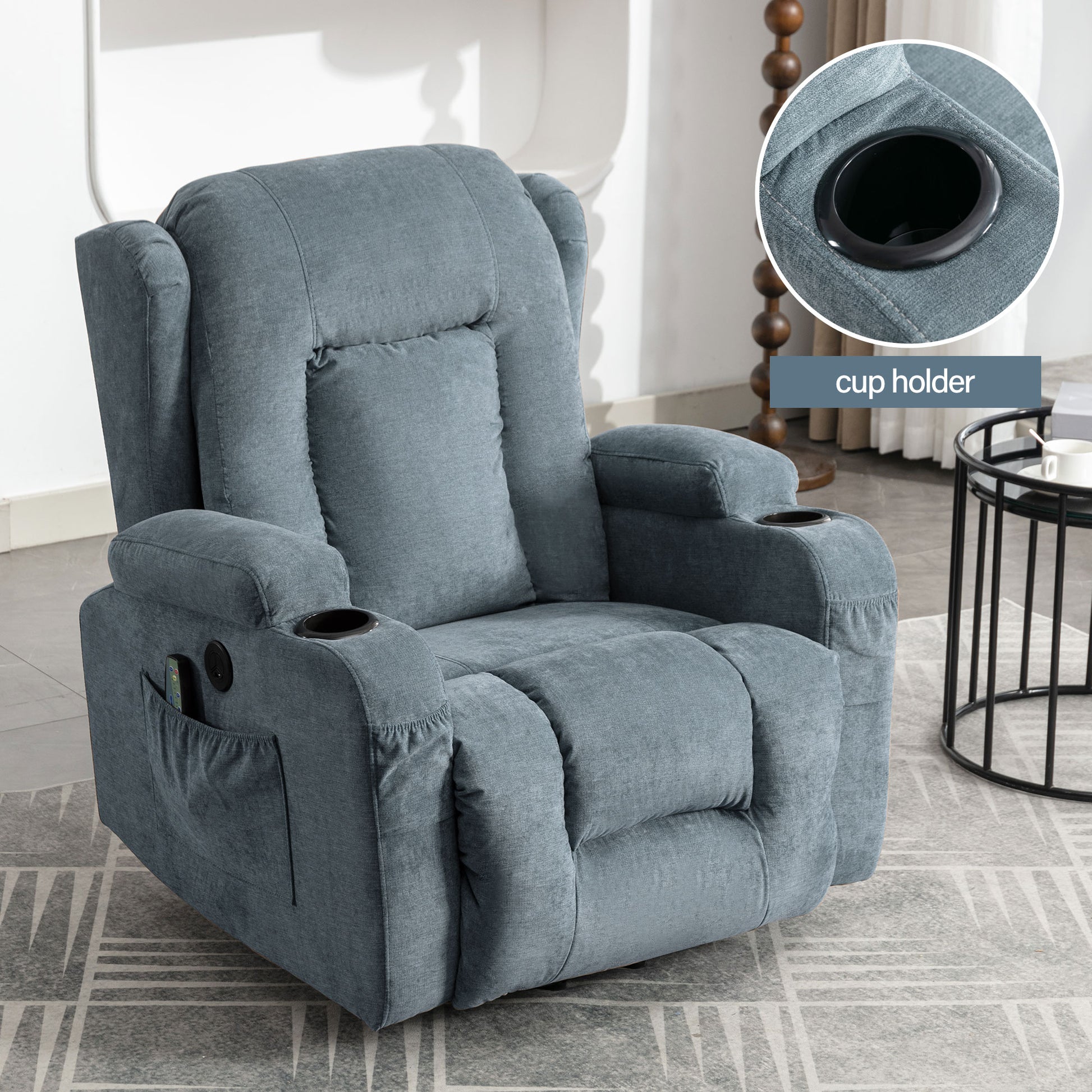 Comfortable grey fabric recliner with dual cup holders and side pocket for remote