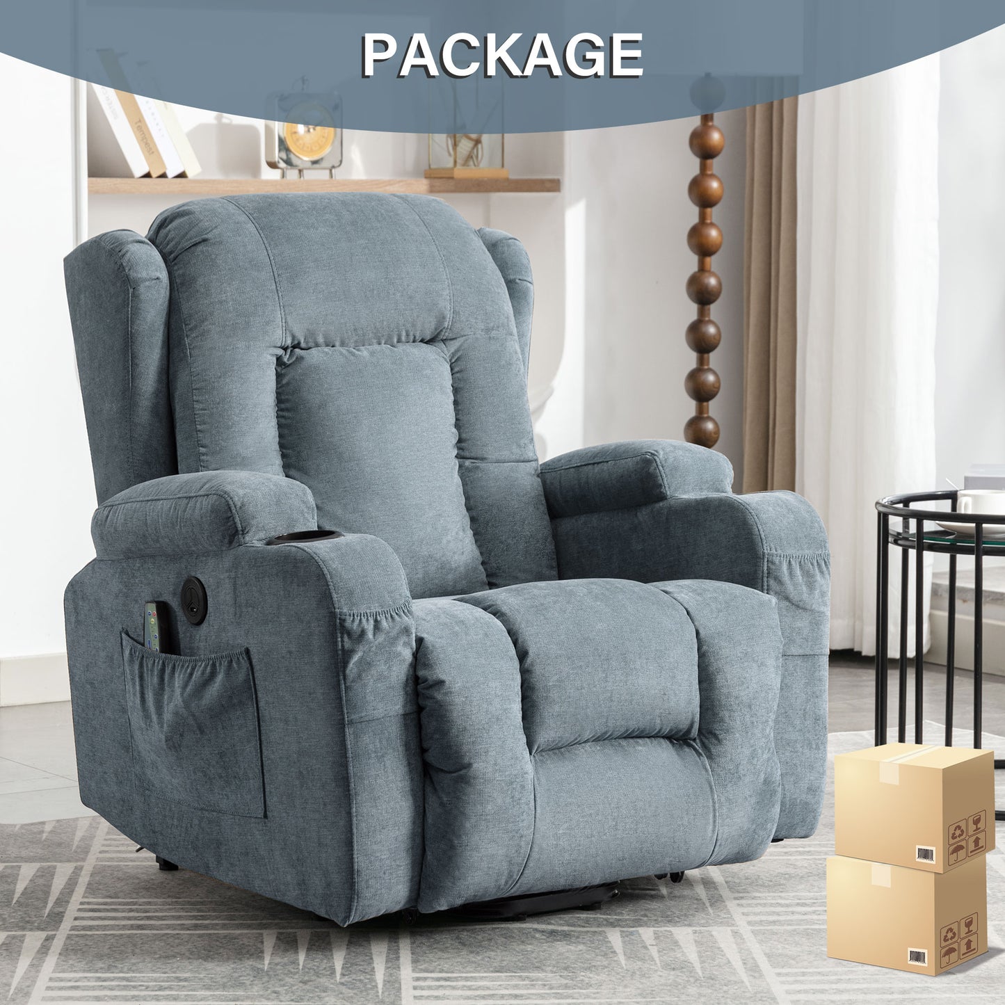 Blue fabric power lift recliner chair with side pocket and cup holder