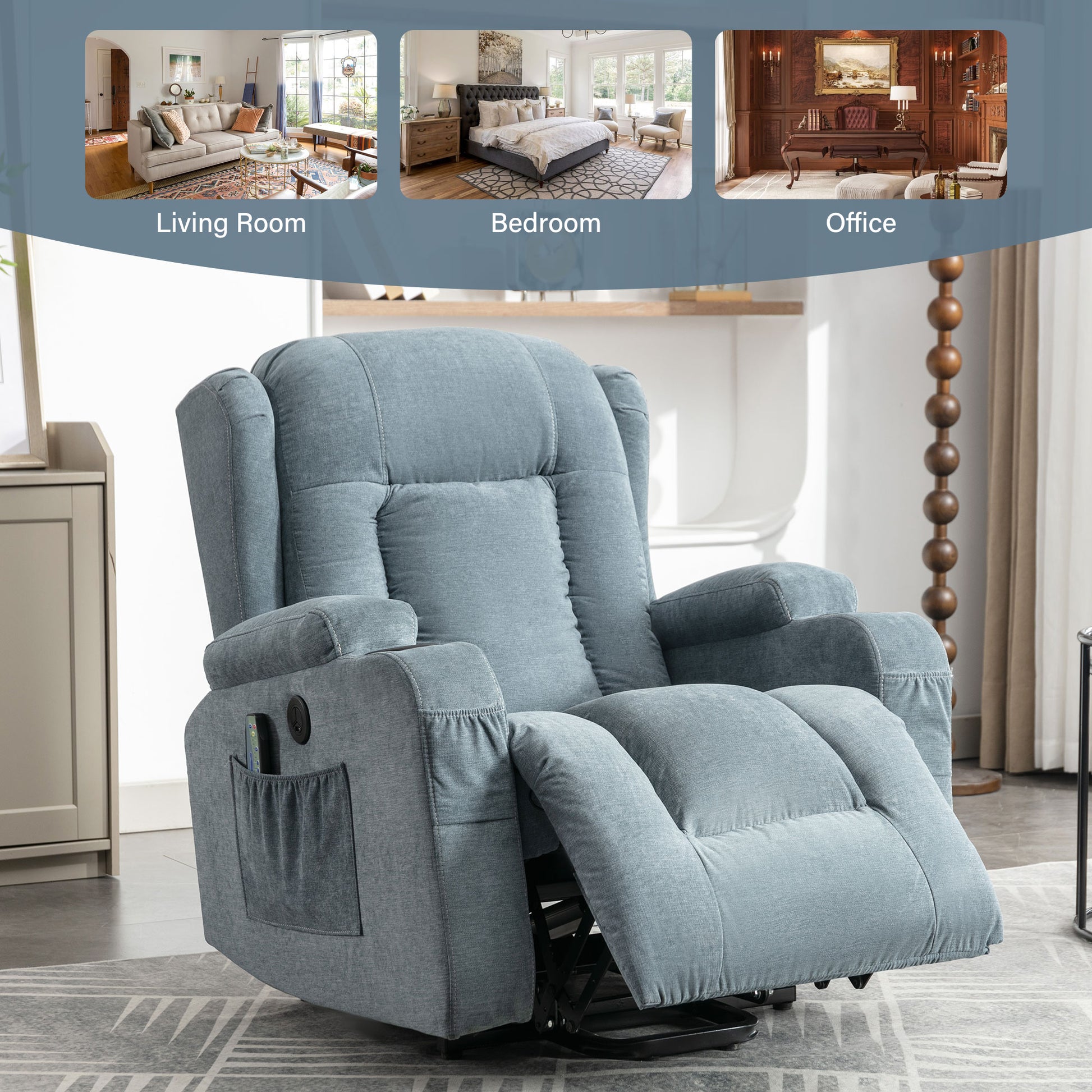 Light blue fabric recliner with side pocket and remote