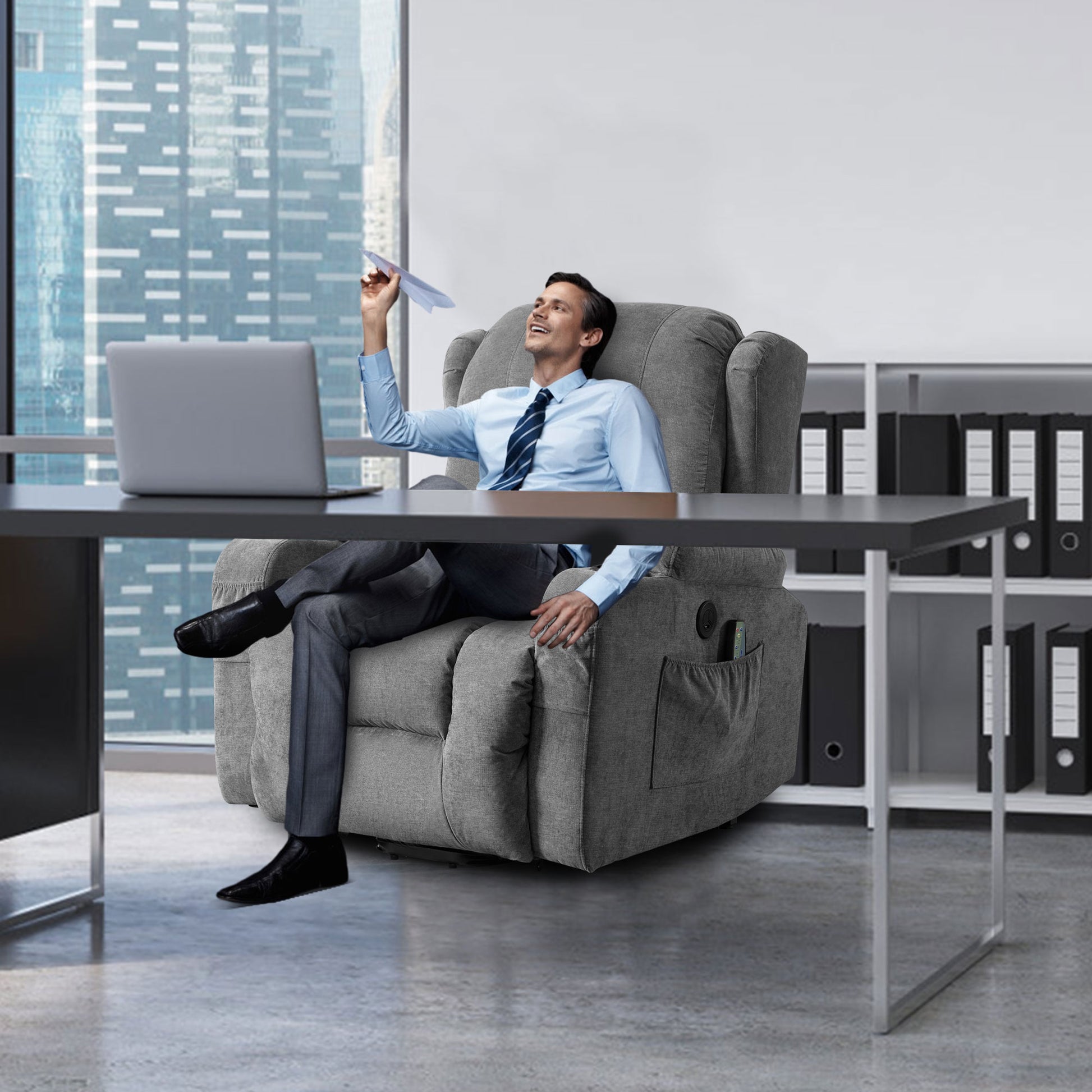 Modern gray fabric recliner with plush armrests and side pocket