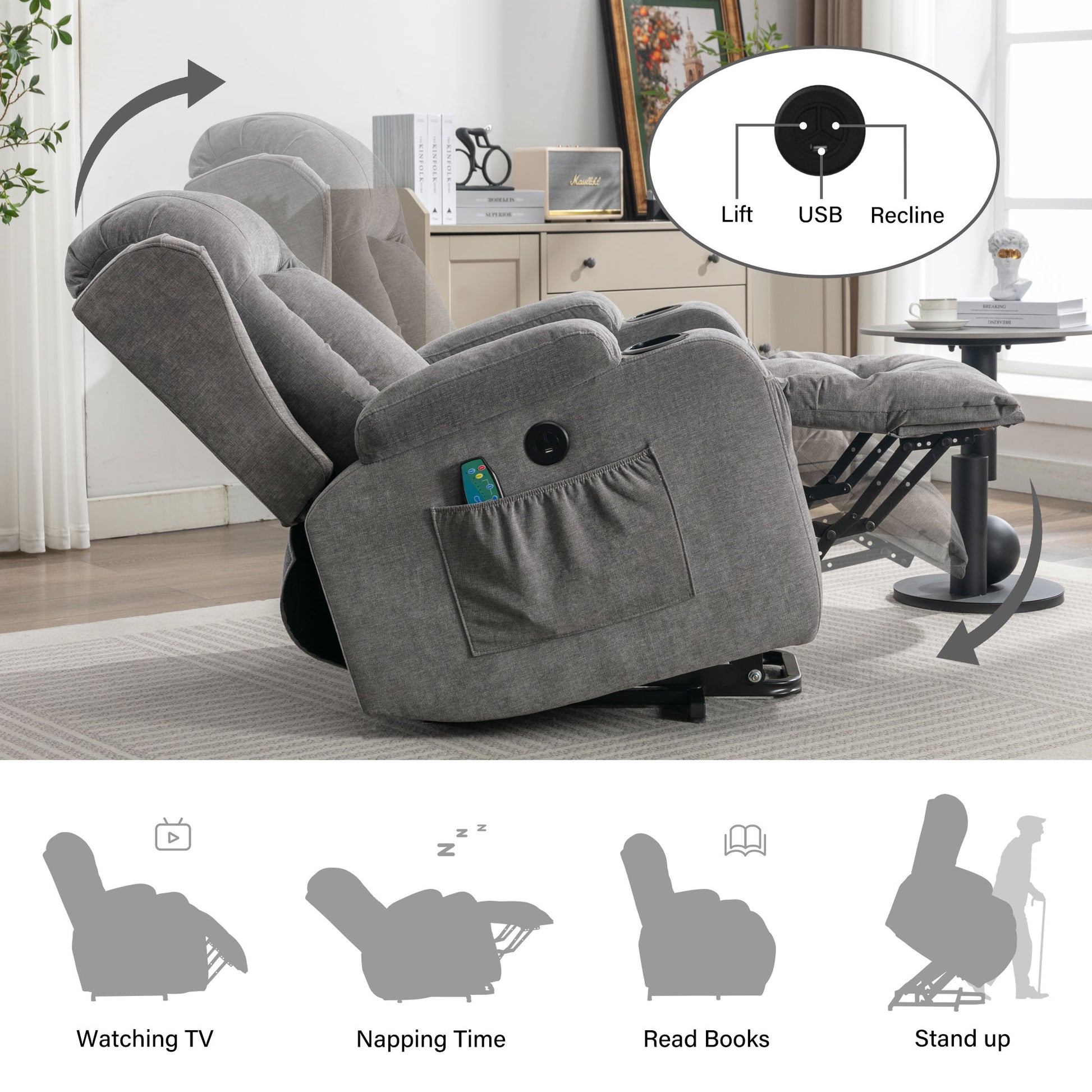 Gray fabric electric recliner chair with footrest in upright position