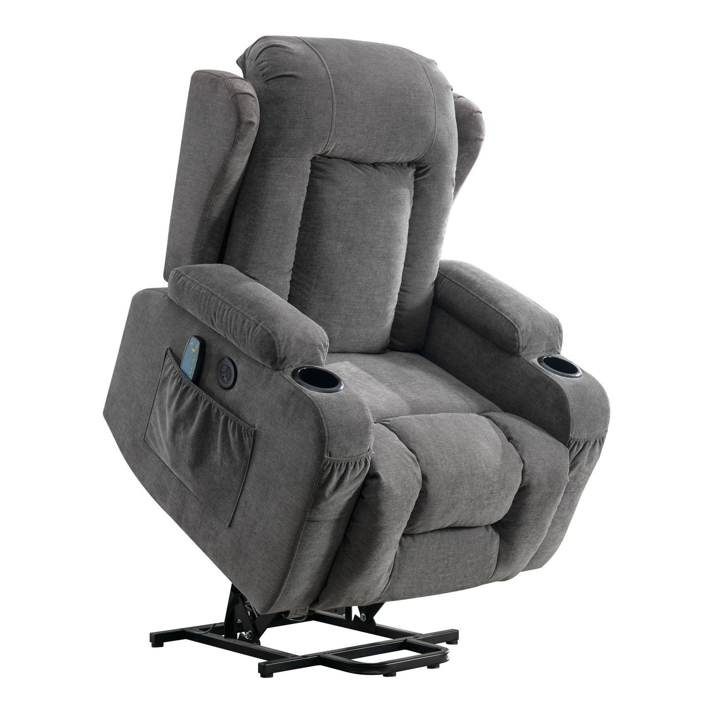 Gray fabric lift chair with side pocket and cup holders