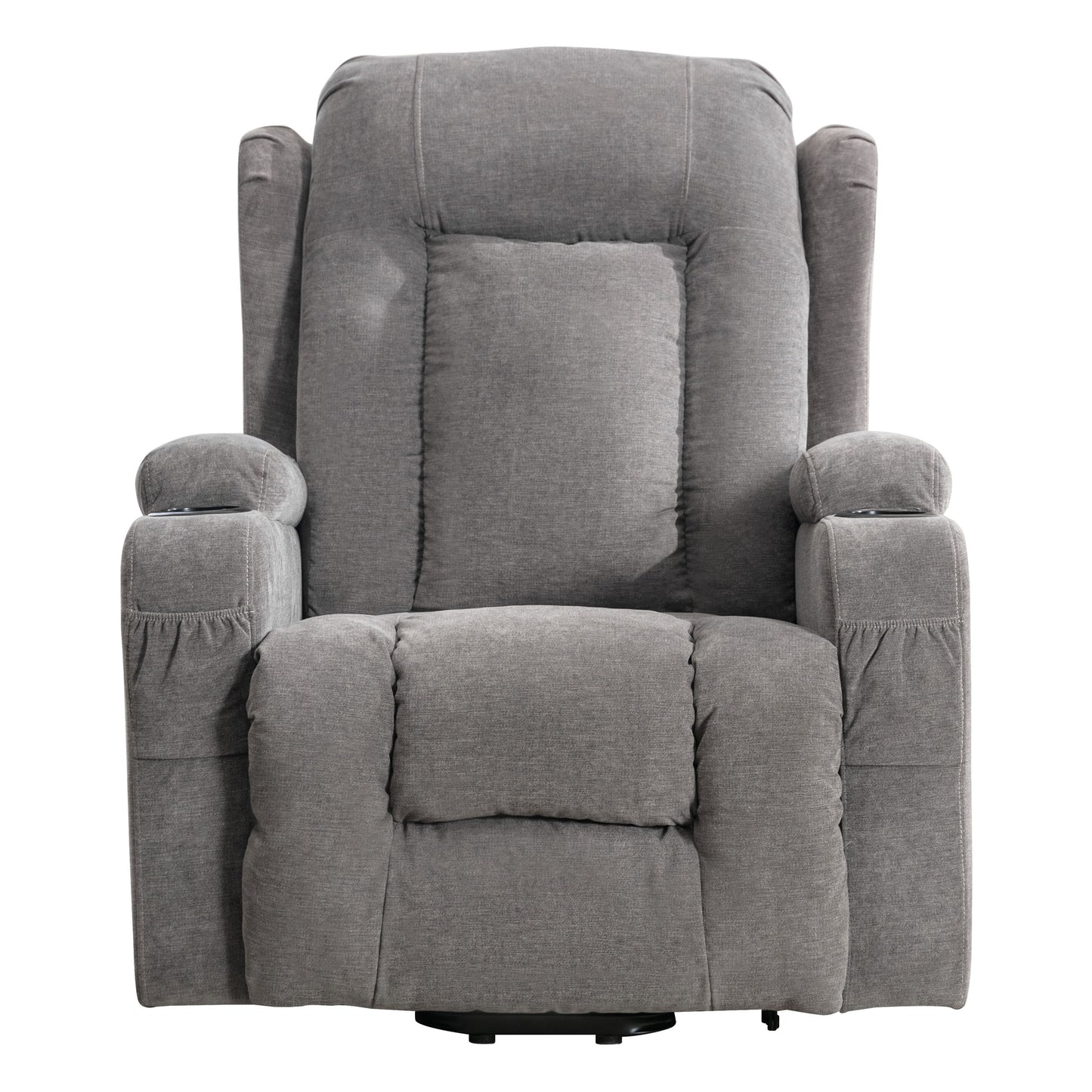Plush gray fabric recliner chair with padded arms and headrest for ultimate relaxation