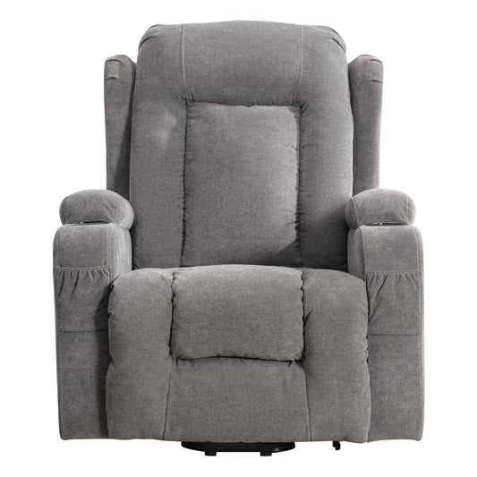 Plush gray fabric recliner chair with padded arms and headrest for ultimate relaxation