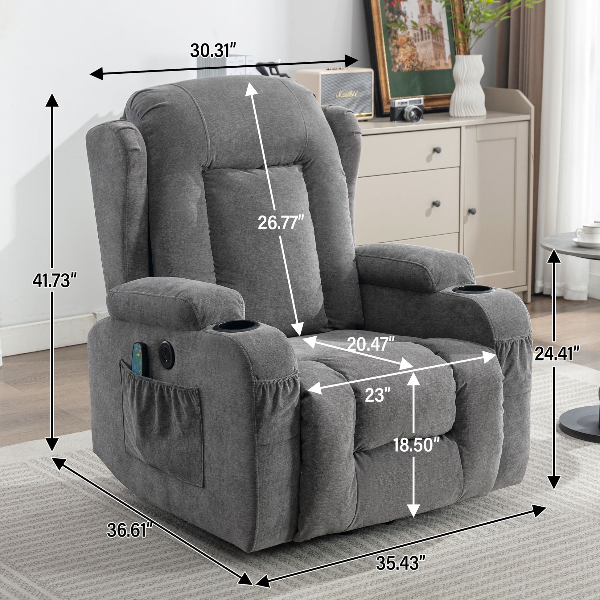 Comfortable gray fabric recliner chair with cup holders and side pockets
