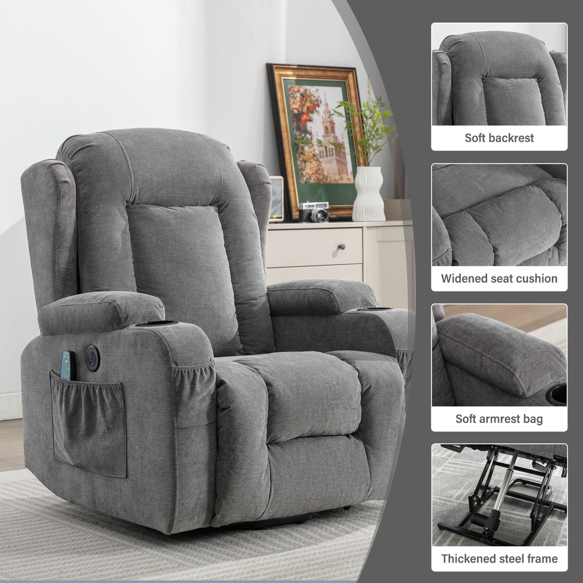 Gray fabric recliner with plush cushioning cup holders and side pocket
