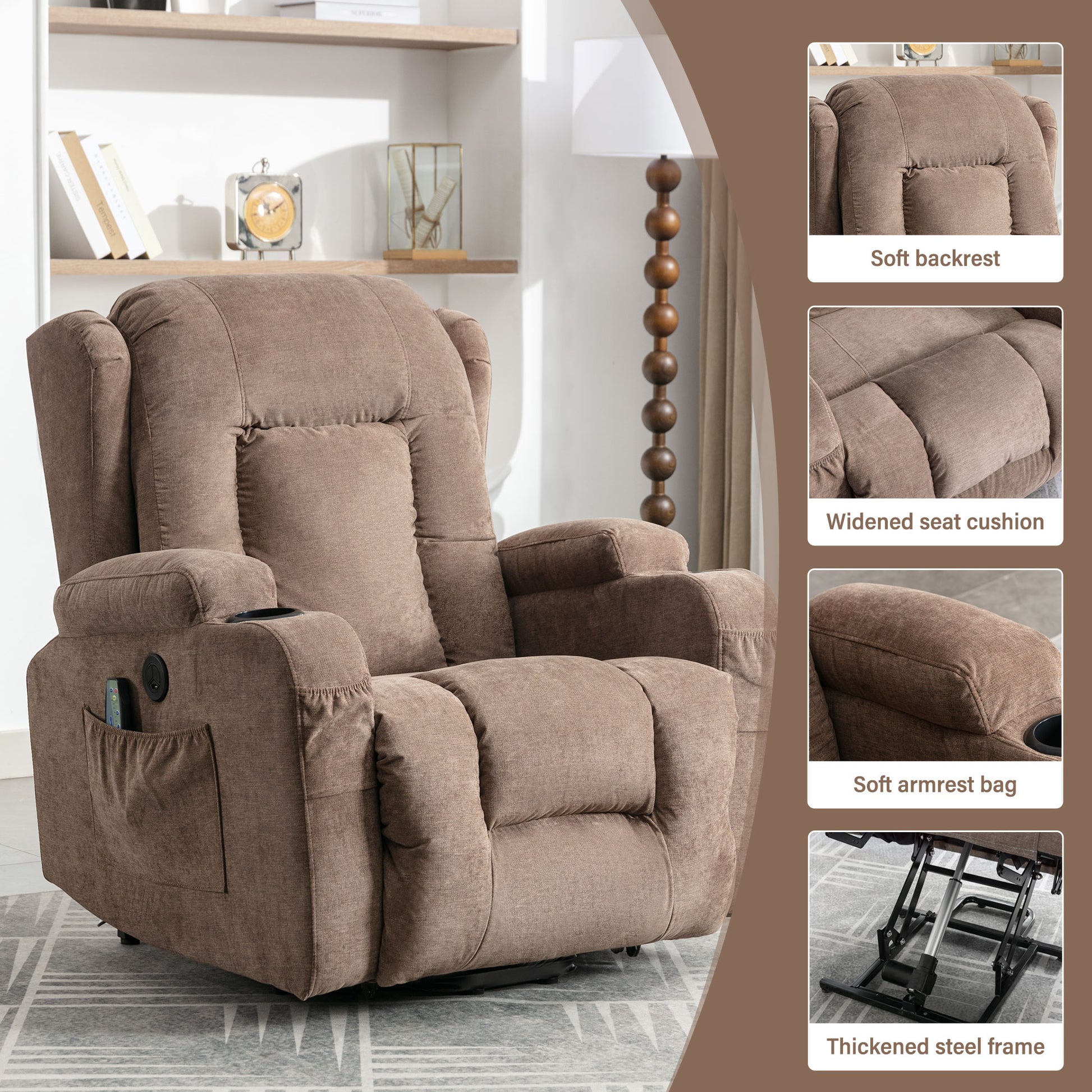 Brown fabric recliner chair with padded headrest and cup holder