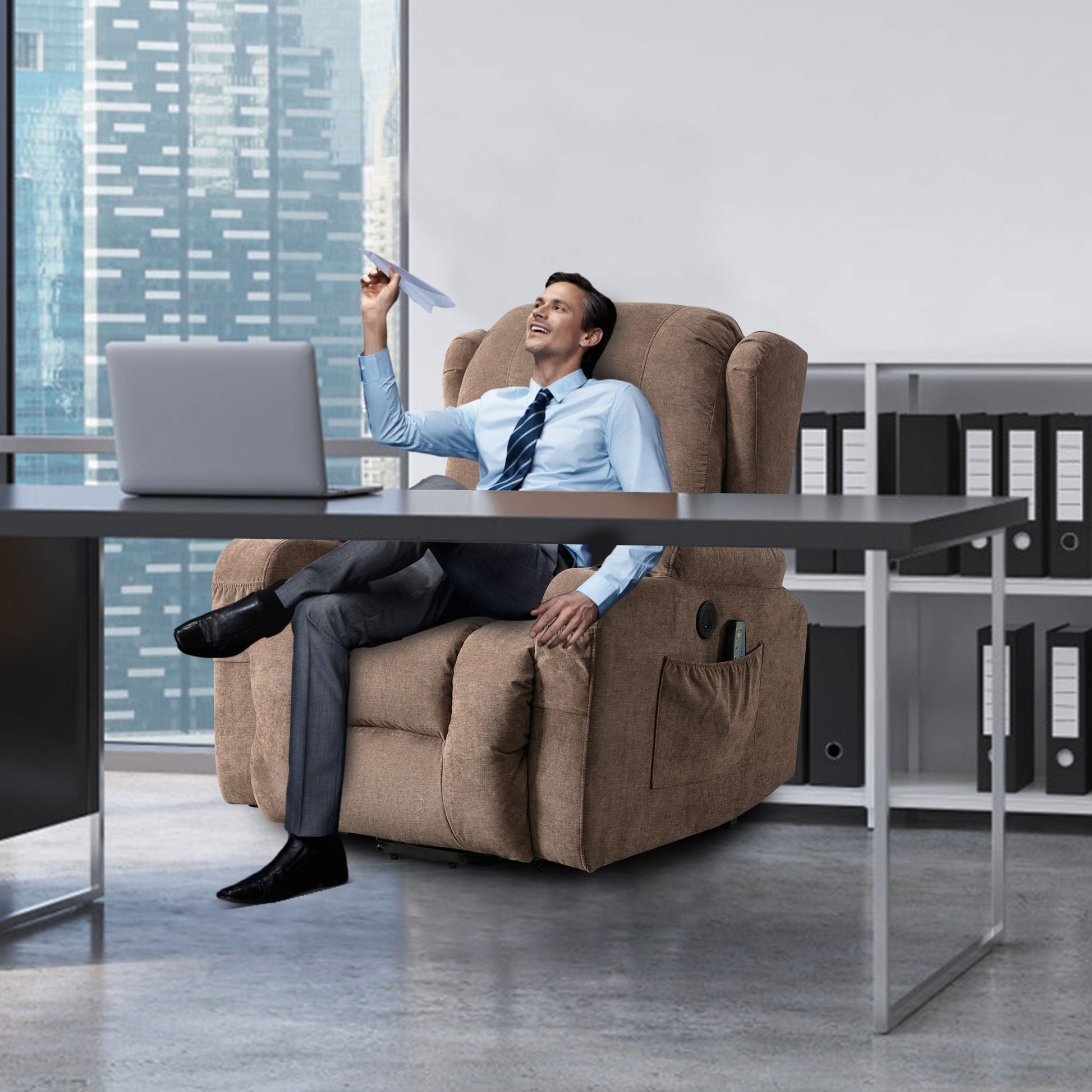 Comfortable taupe recliner chair with side pocket and remote perfect for relaxation