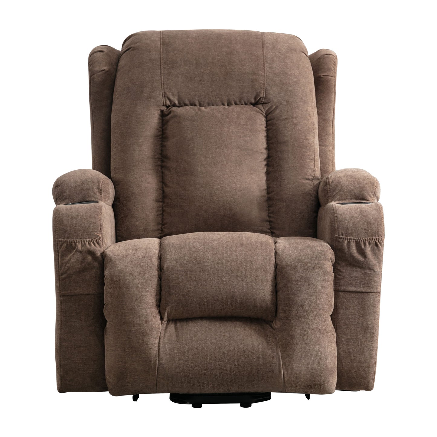 Brown fabric power lift recliner chair with padded arms and headrest