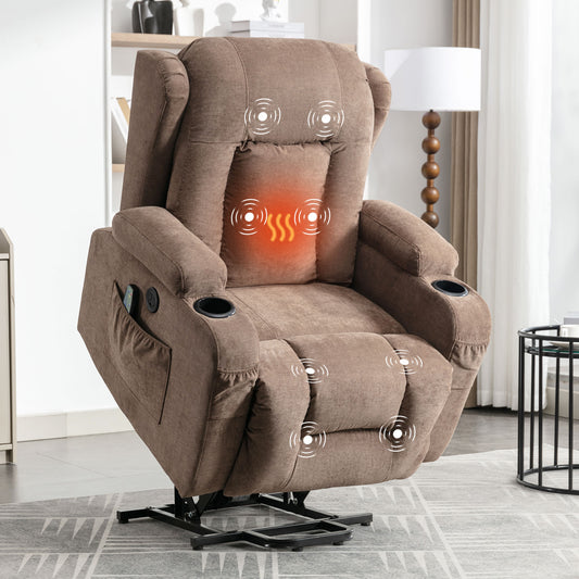 Brown fabric lift chair with builtin heating and massage functions for ultimate relaxation