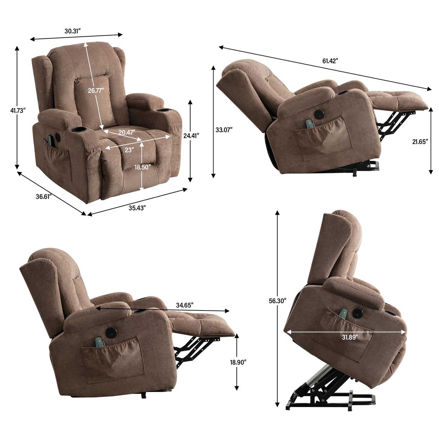 Brown fabric power lift recliner with cup holders and side pocket