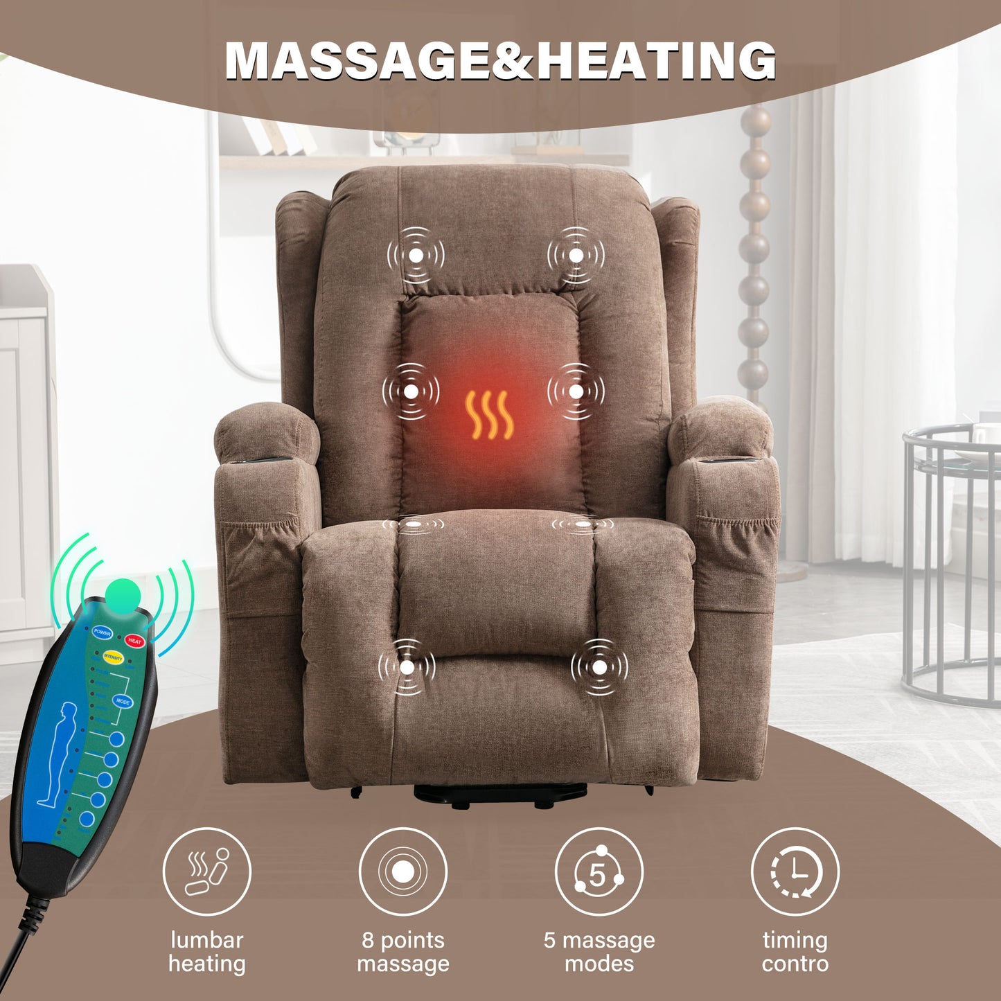 Brown upholstered massage recliner chair with lumbar heating and  massage points