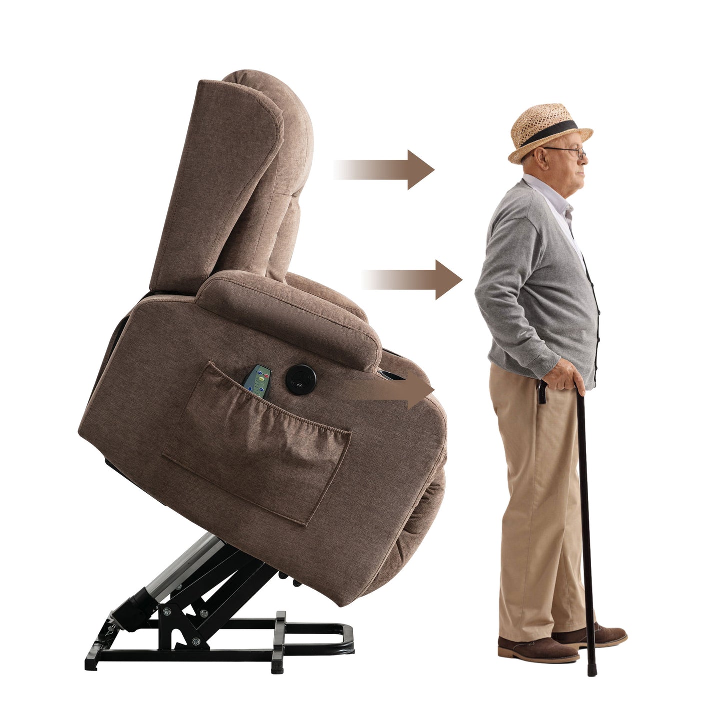Brown fabric lift recliner chair assisting an elderly man with a cane to stand up