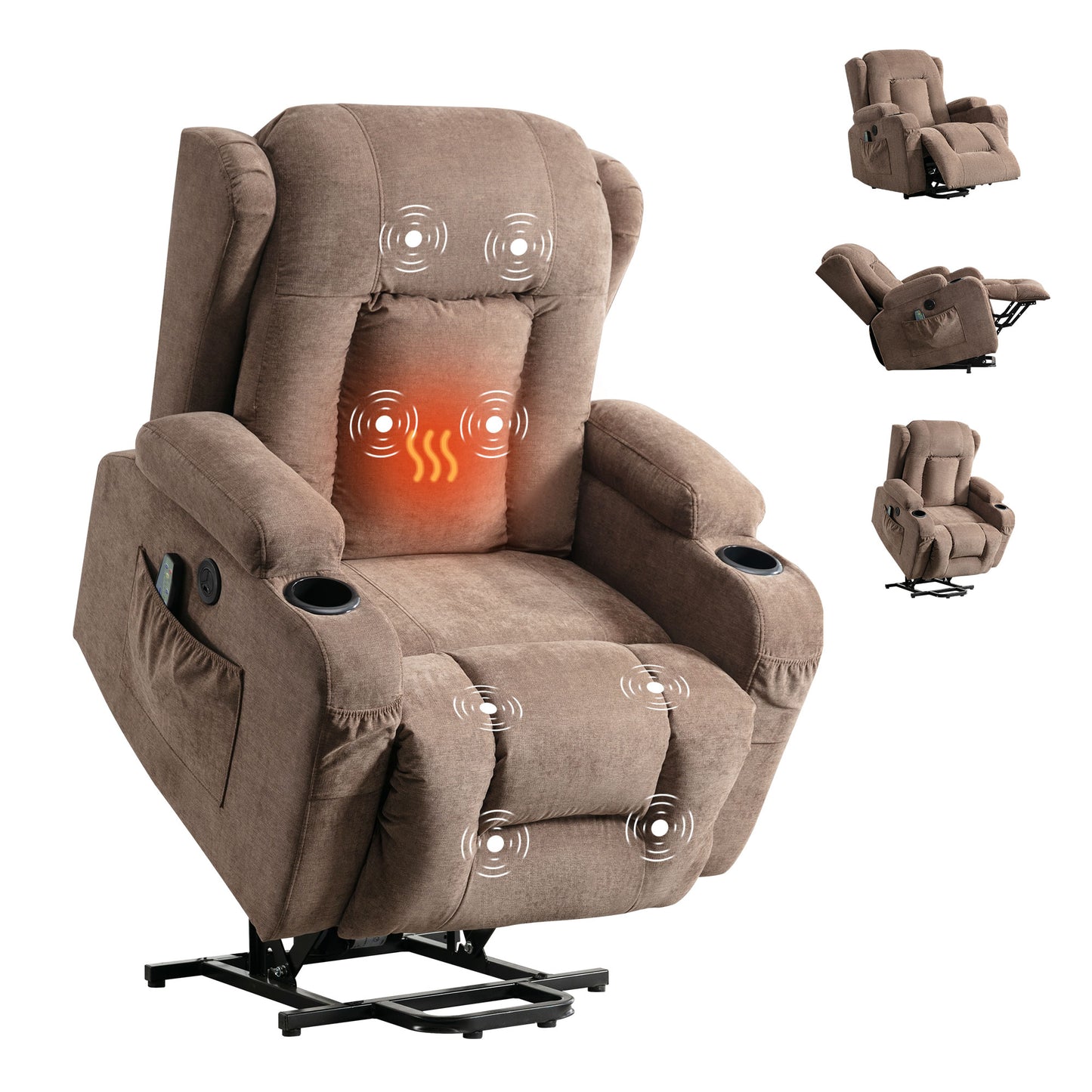 Brown fabric lift recliner chair with heat and massage functions for comfortable seating