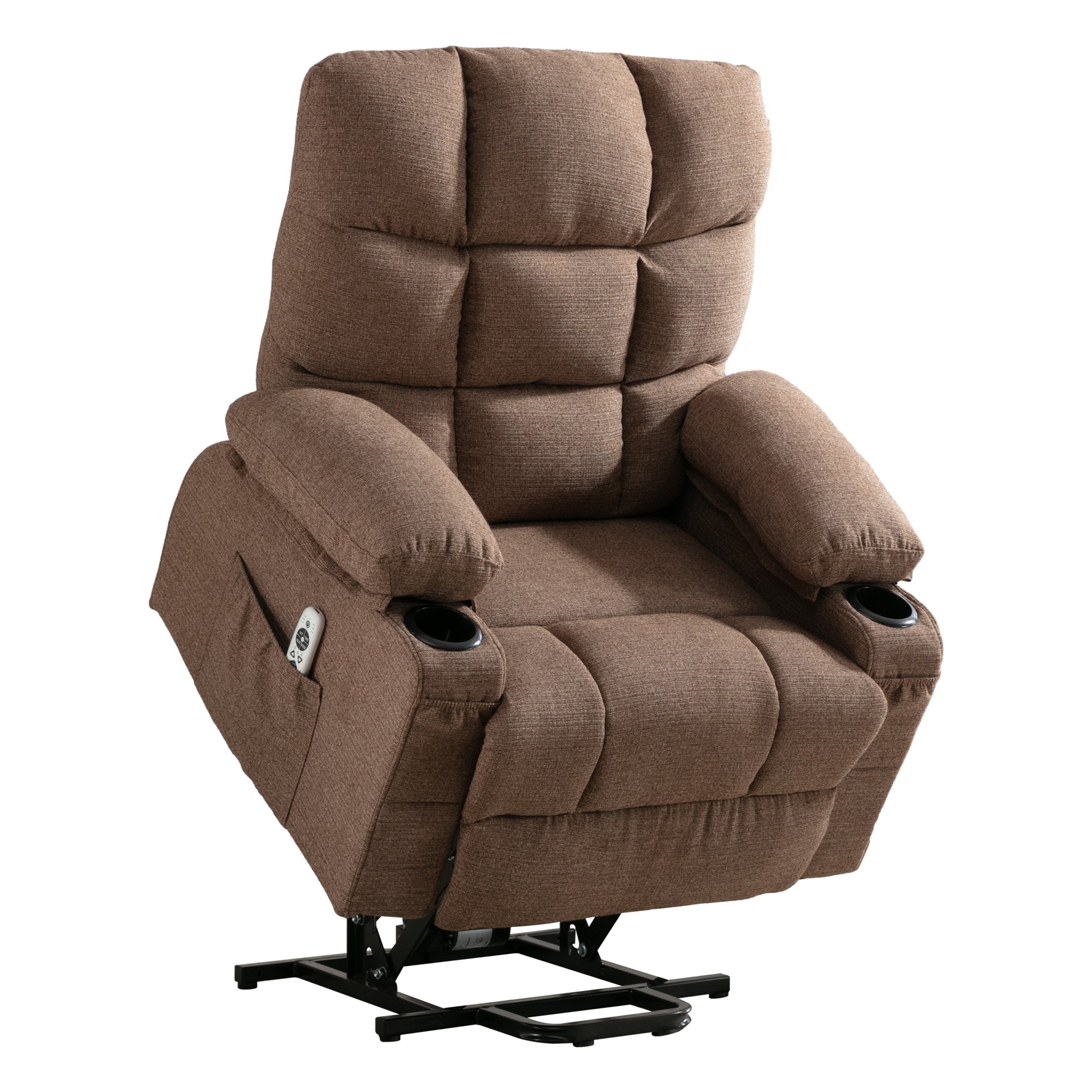 Brown fabric lift chair with padded back headrest armrests and integrated cup holders