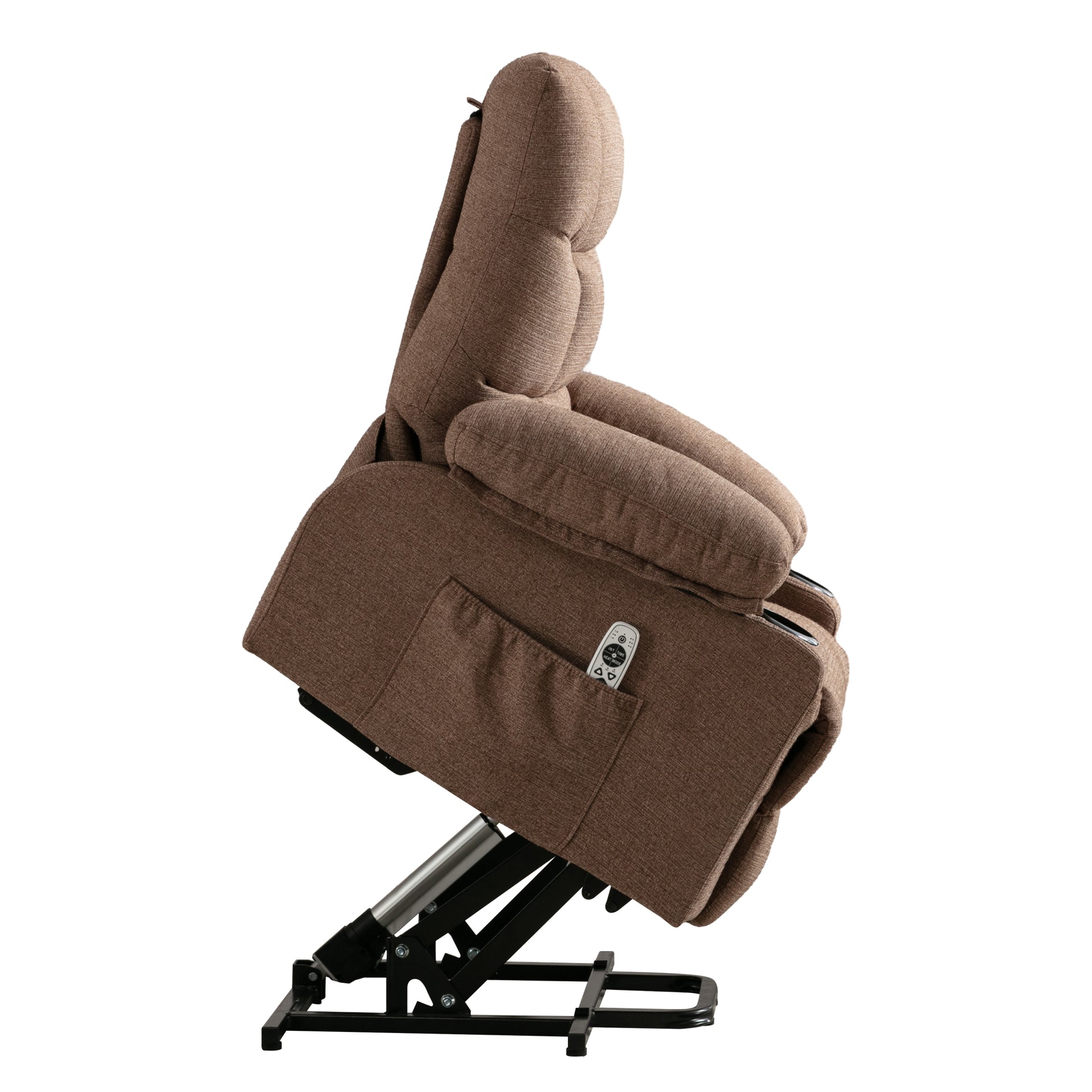 Brown fabric power lift recliner chair with plush cushioning and side pocket