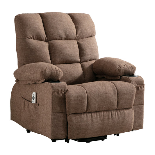 Plush brown fabric power lift recliner chair with remote and cup holders