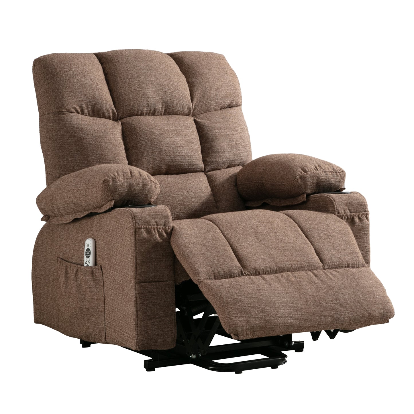 Brown fabric lift chair with plush cushions and side remote control pocket