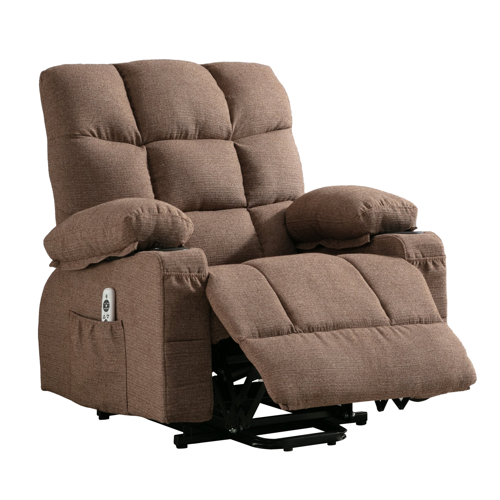 Brown fabric lift chair with plush cushions and side remote control pocket