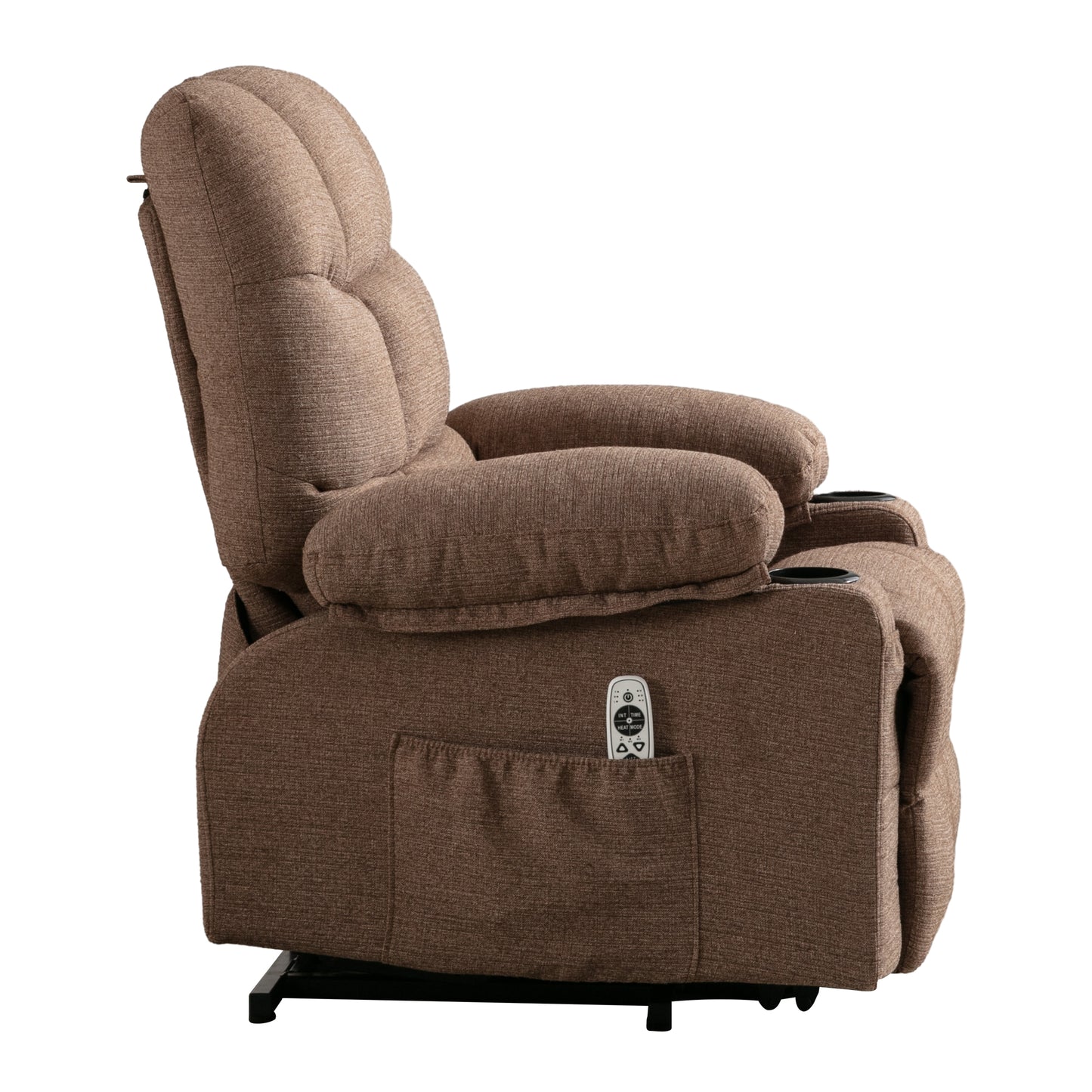 Brown fabric power lift recliner with side pocket remote and cup holders