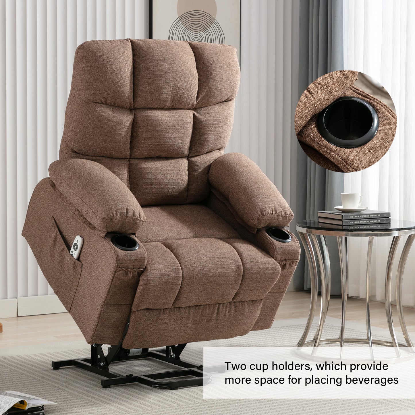 Brown fabric lift recliner chair with plush cushioning and two convenient cup holders