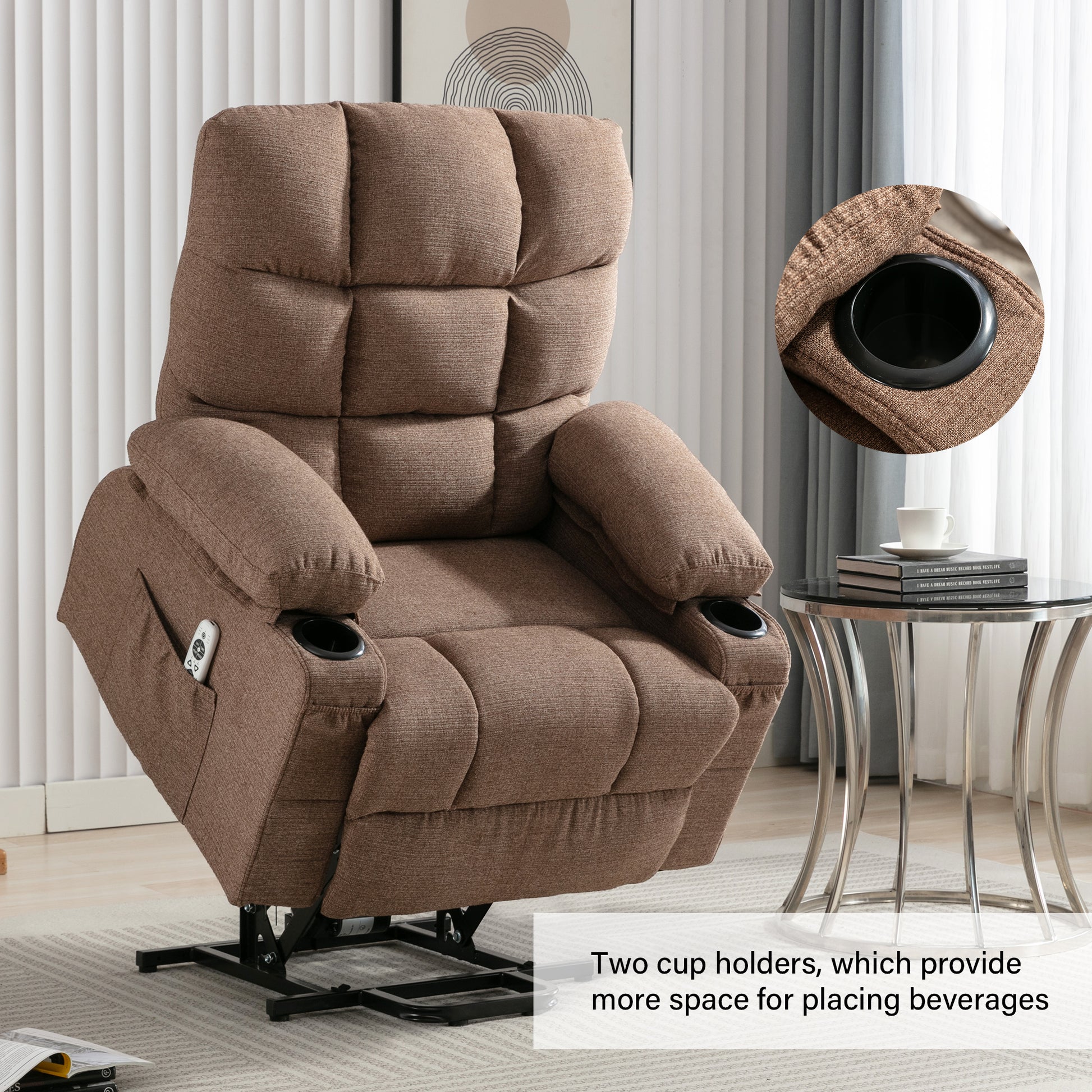 Brown fabric lift recliner chair with plush cushioning and two convenient cup holders