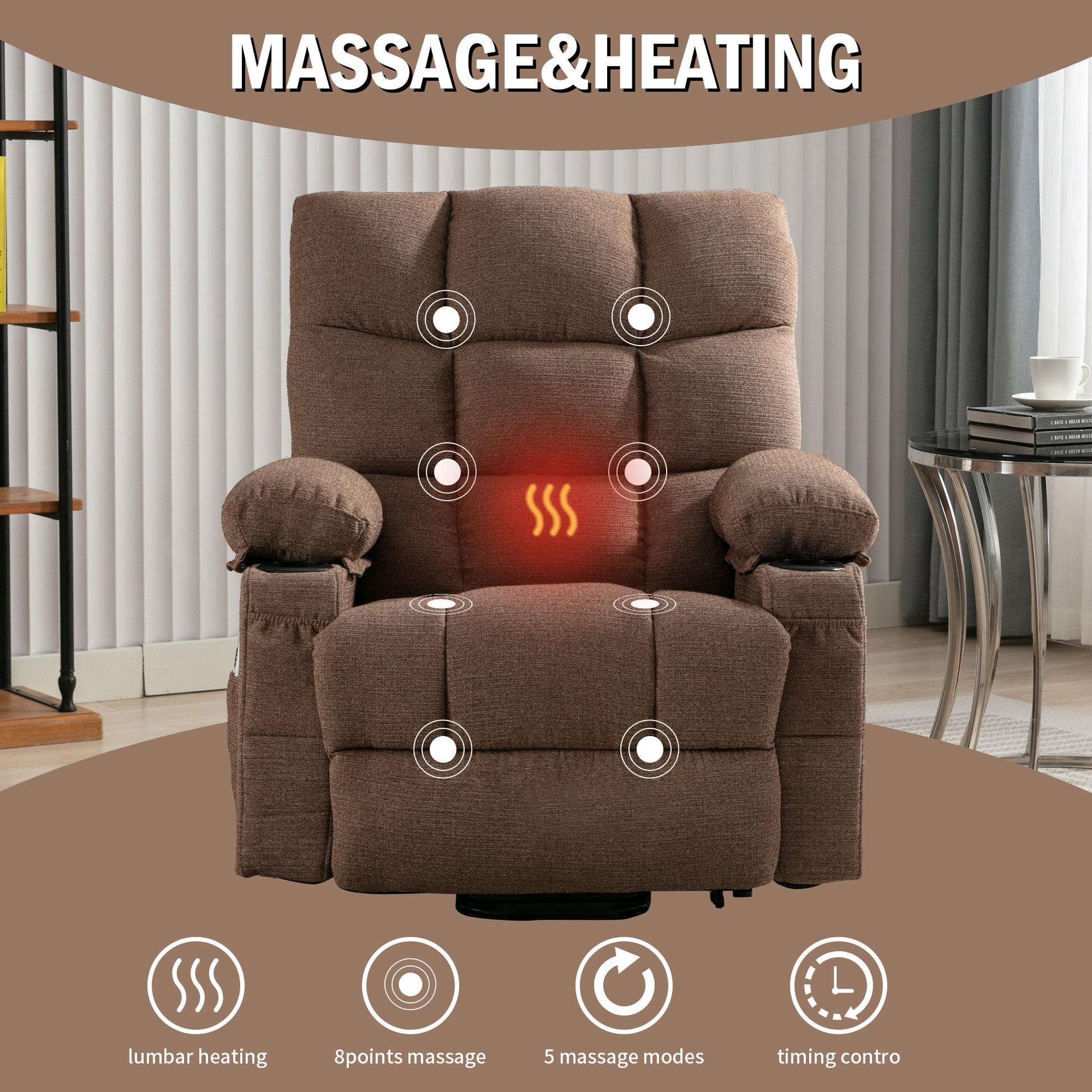 Brown fabric massage recliner with heating feature and  massage points