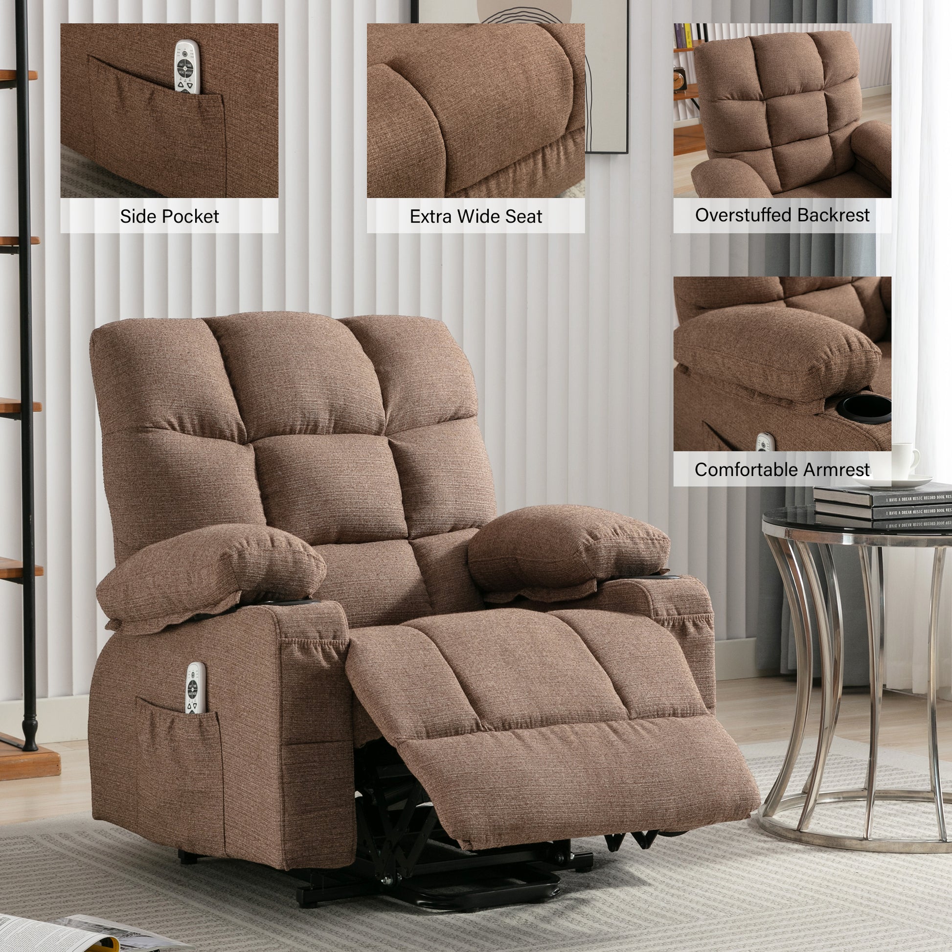 Brown fabric power recliner with convenient side pocket for remote storage