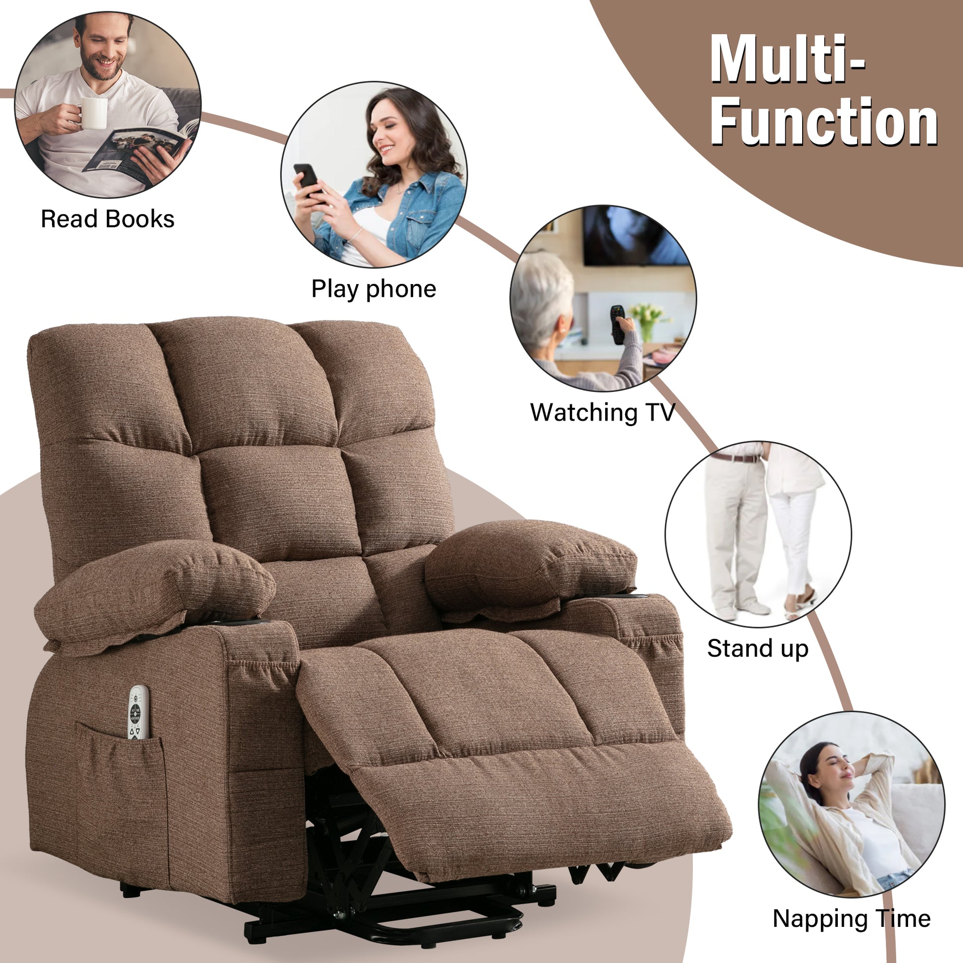 Brown fabric recliner chair with plush tufted back and padded armrests for ultimate comfort