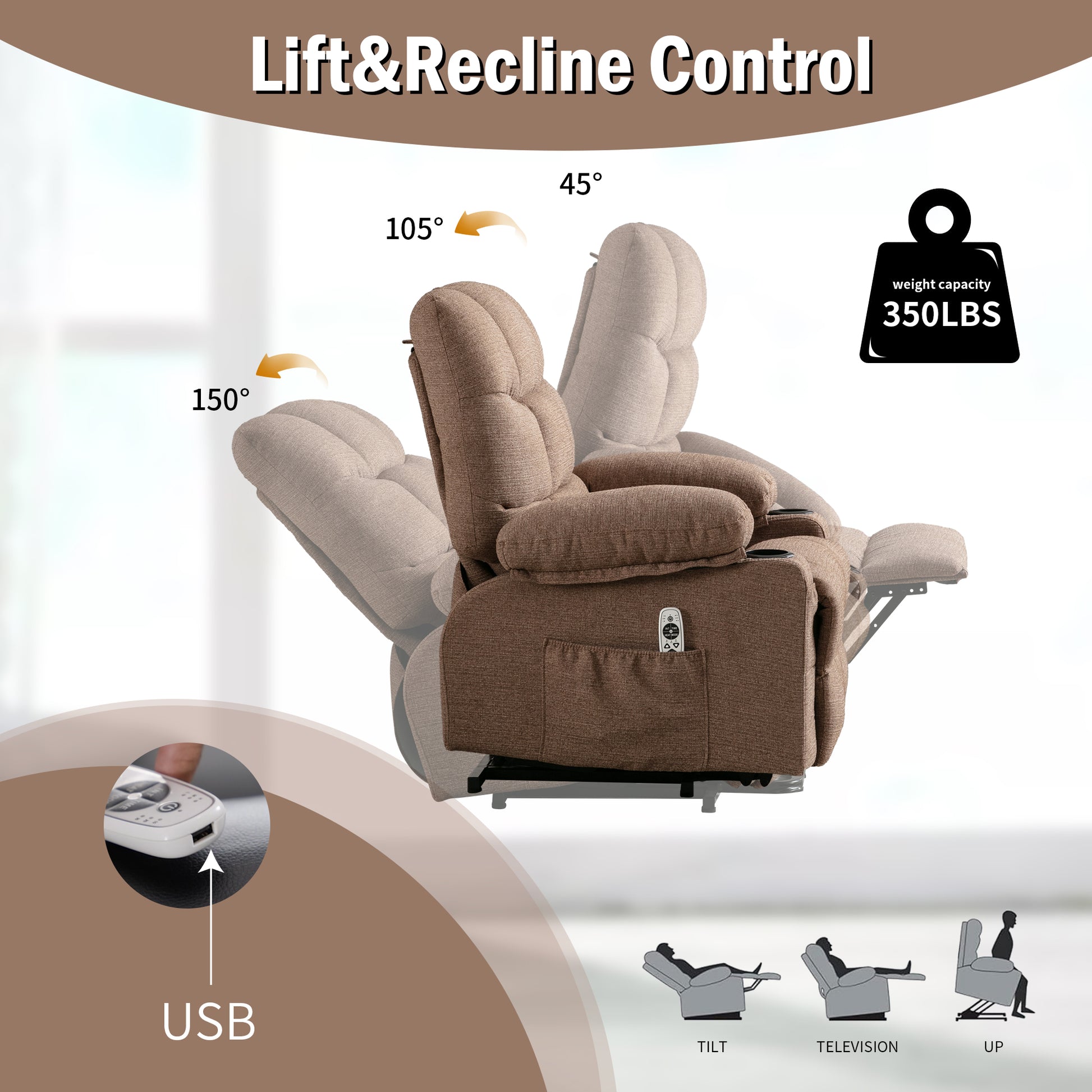 Brown fabric power lift recliner chair showing degree tilt and degree backrest angle