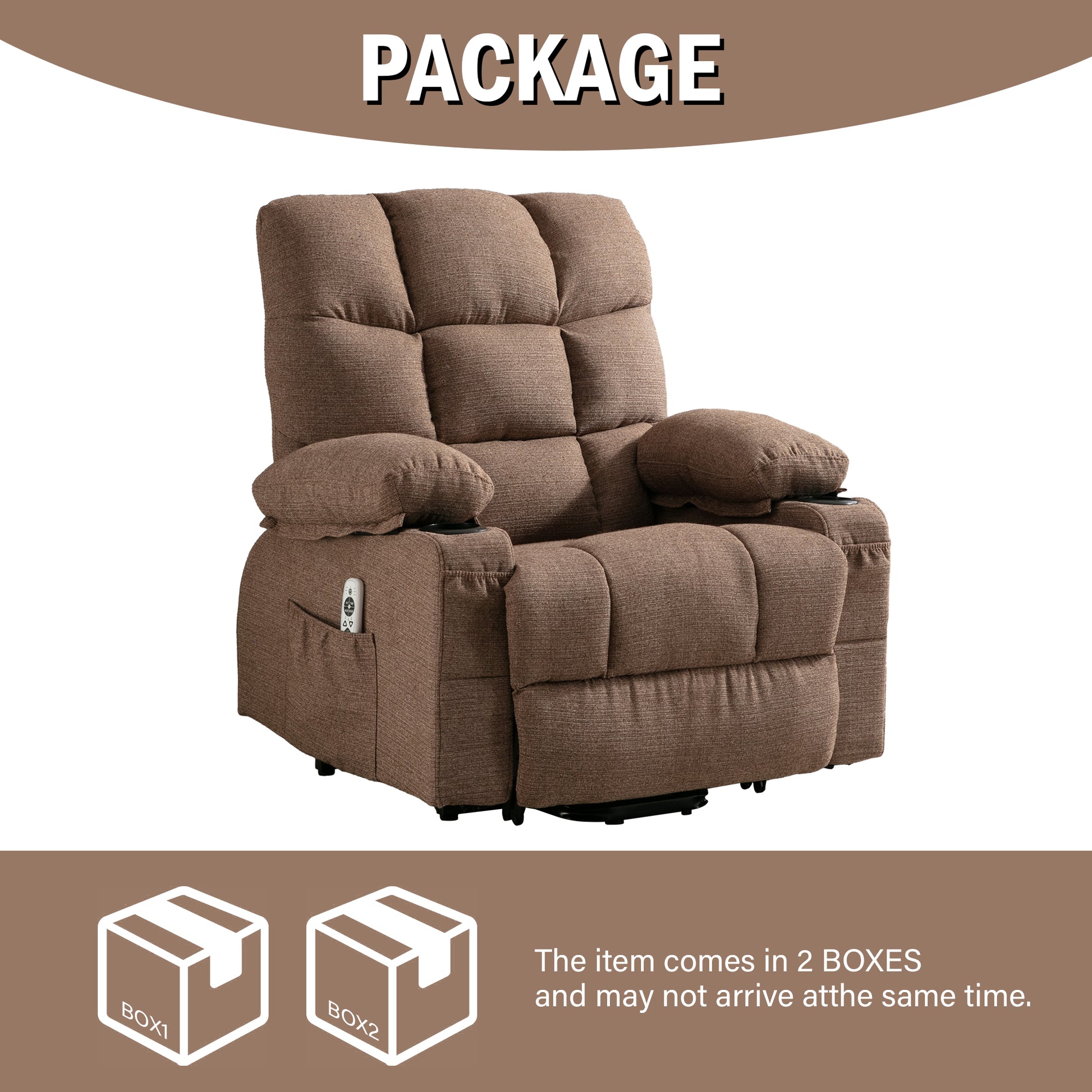 Brown upholstered power recliner chair with cupholders and side pocket