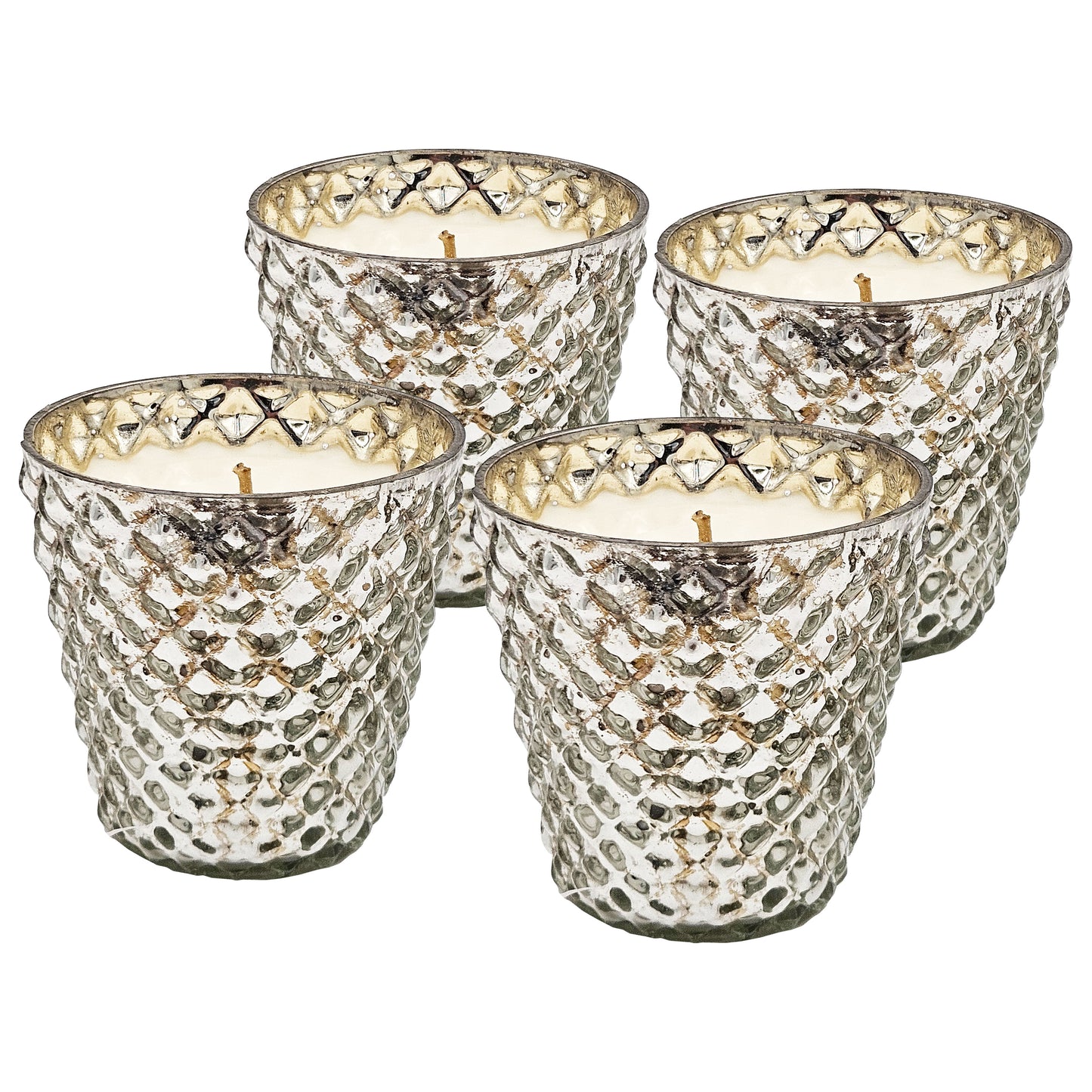 Set of  hammered silver glass votive candle holders with creamcolored candles
