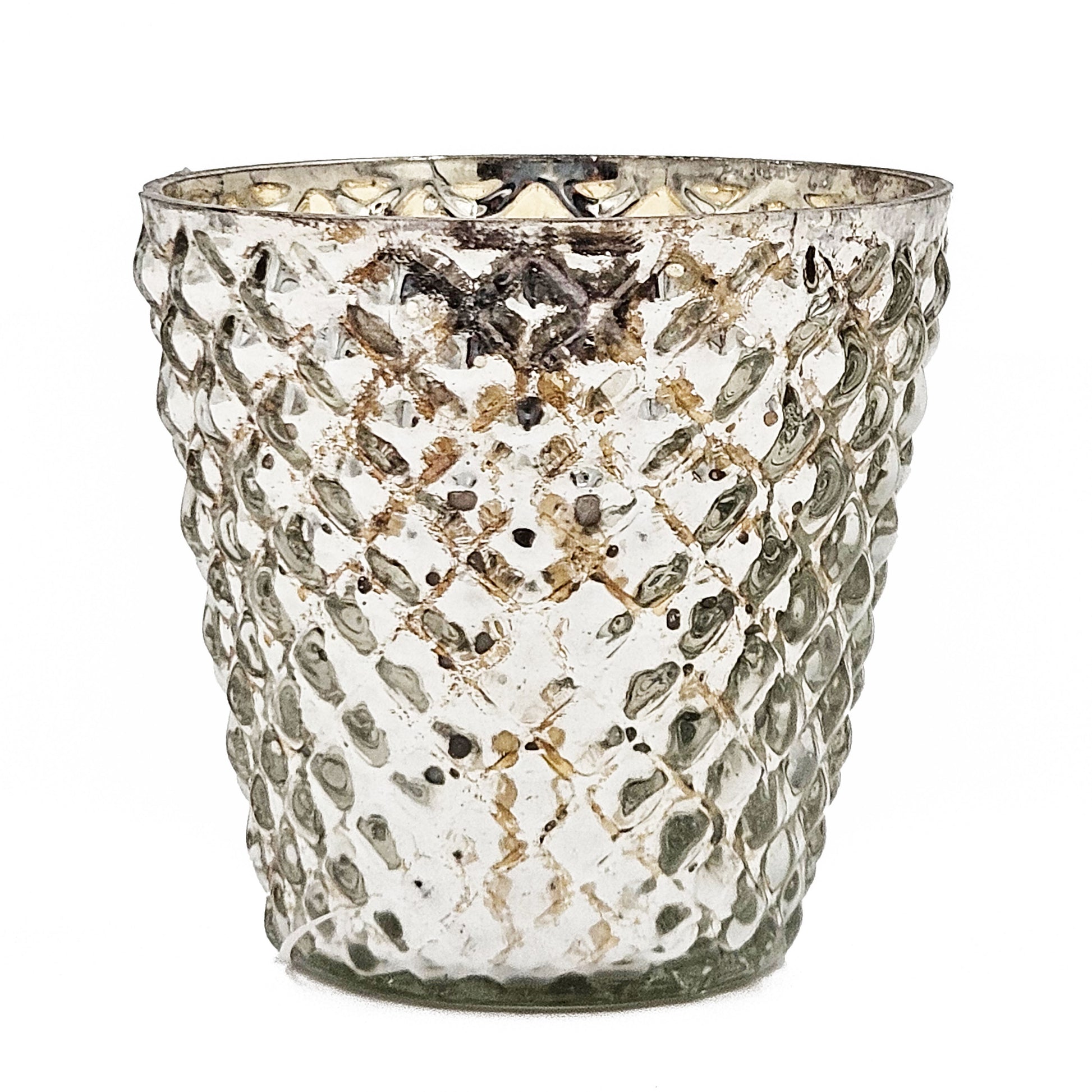 Textured mercury glass votive holder with diamond pattern  inches tall
