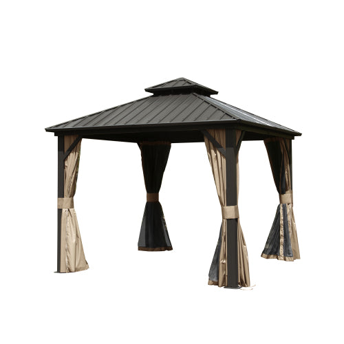 Dark brown metal gazebo with a tiered roof and beige curtains