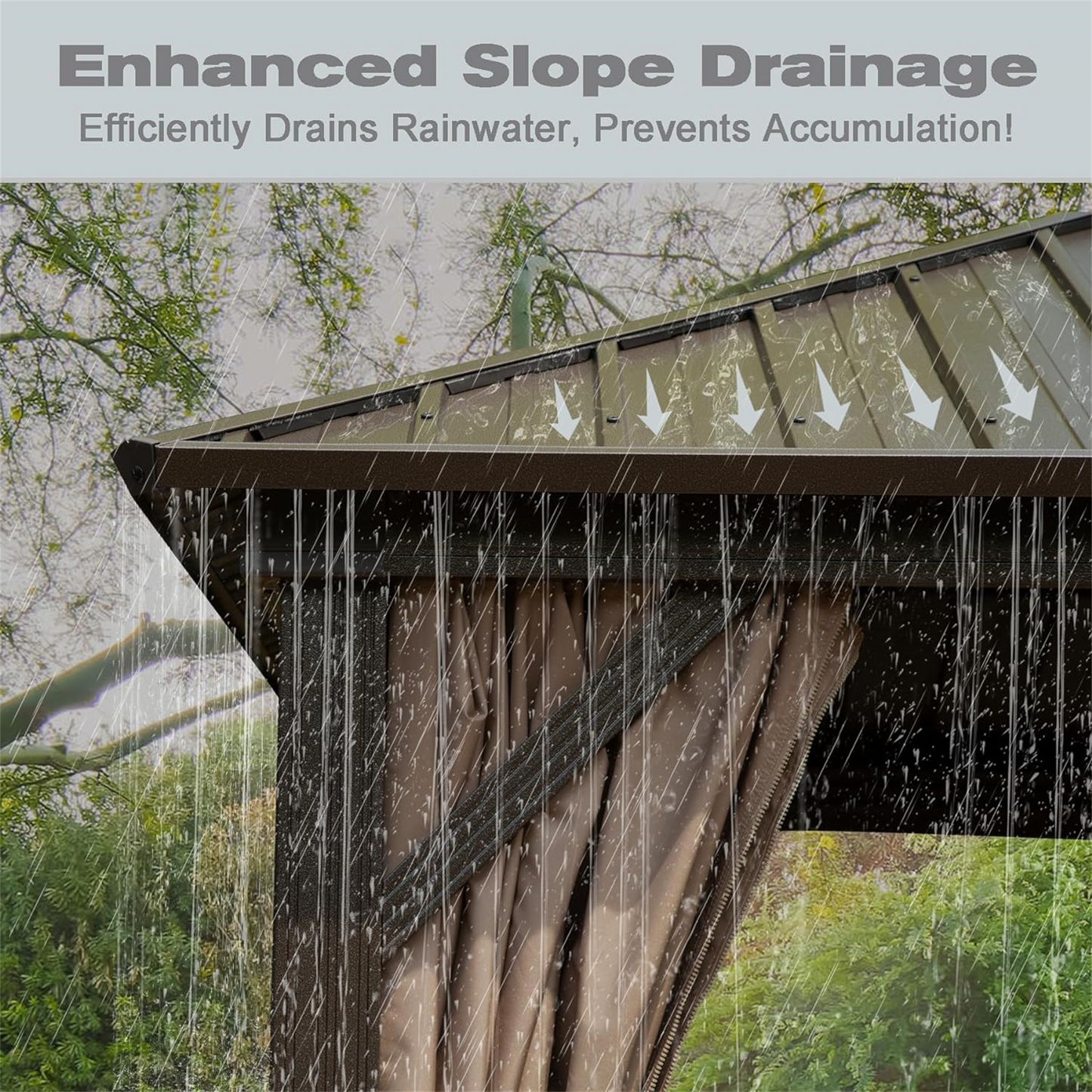 Brown metal gazebo roof with rain falling showing enhanced slope drainage system