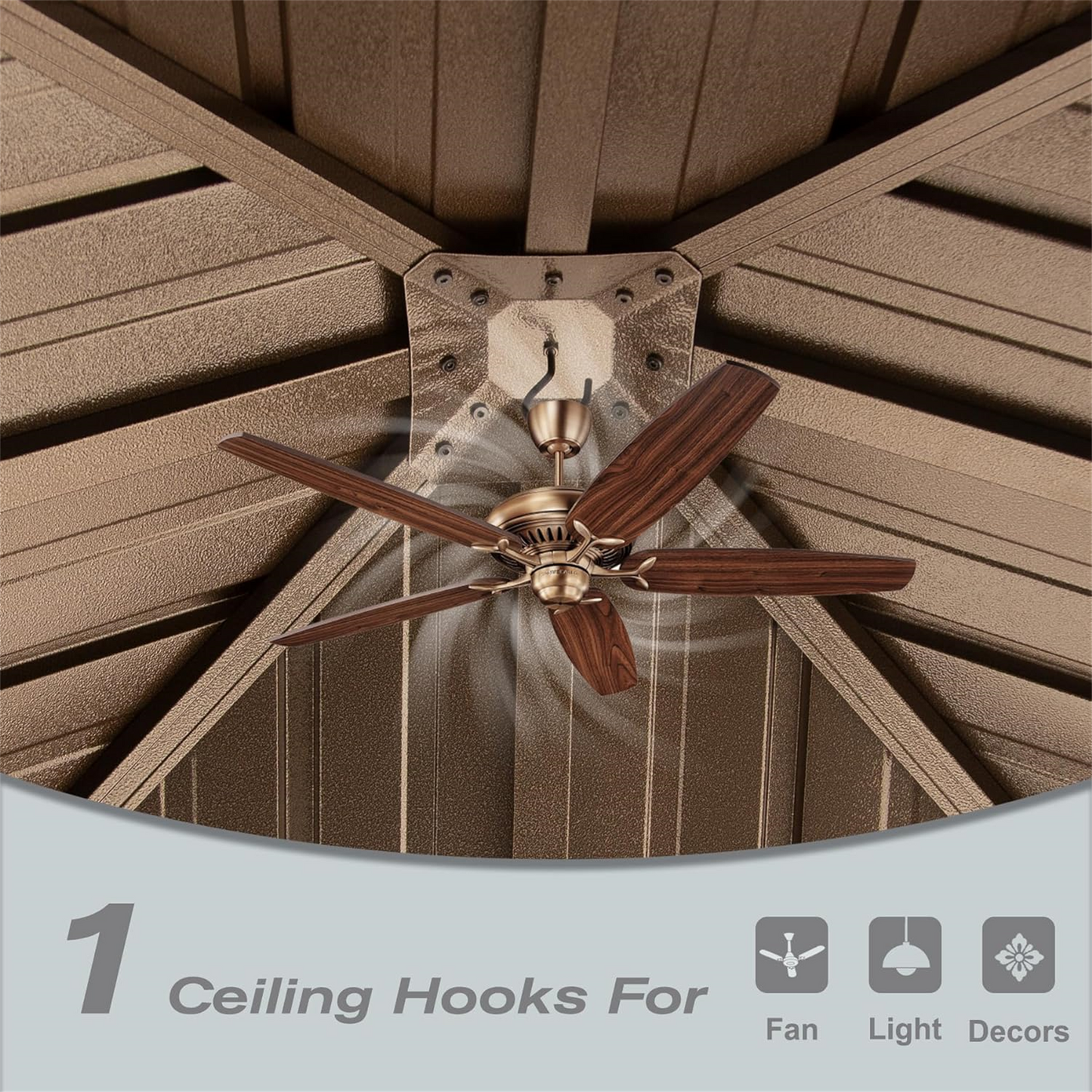Bronze ceiling fan with five woodfinished blades mounted on a textured brown ceiling