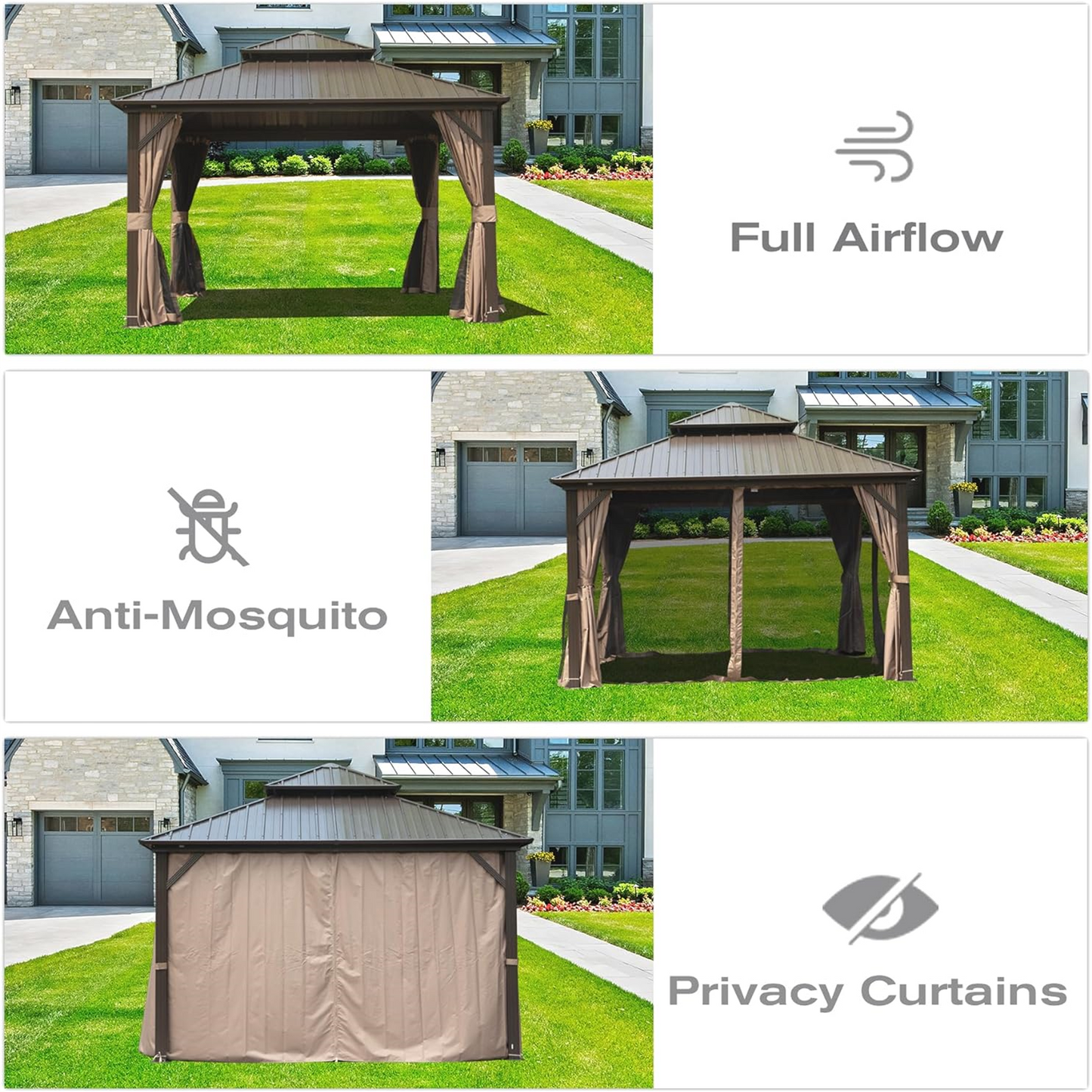 Brown metal gazebo with adjustable curtains on a manicured lawn in front of a house
