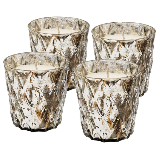 Set of four mercury glass votive candle holders with textured diamond pattern