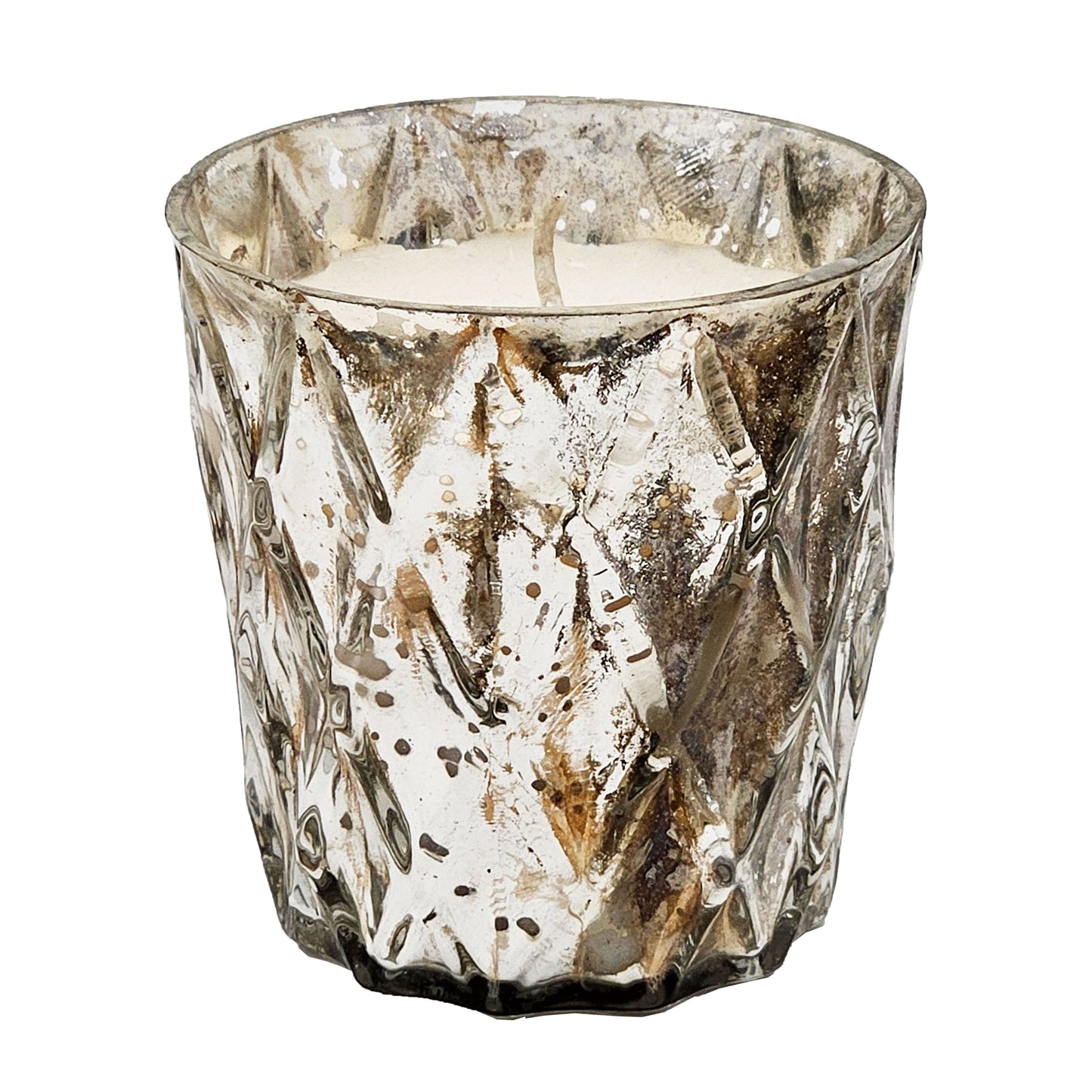 Textured mercury glass candle holder with a white candle ideal for ambient lighting