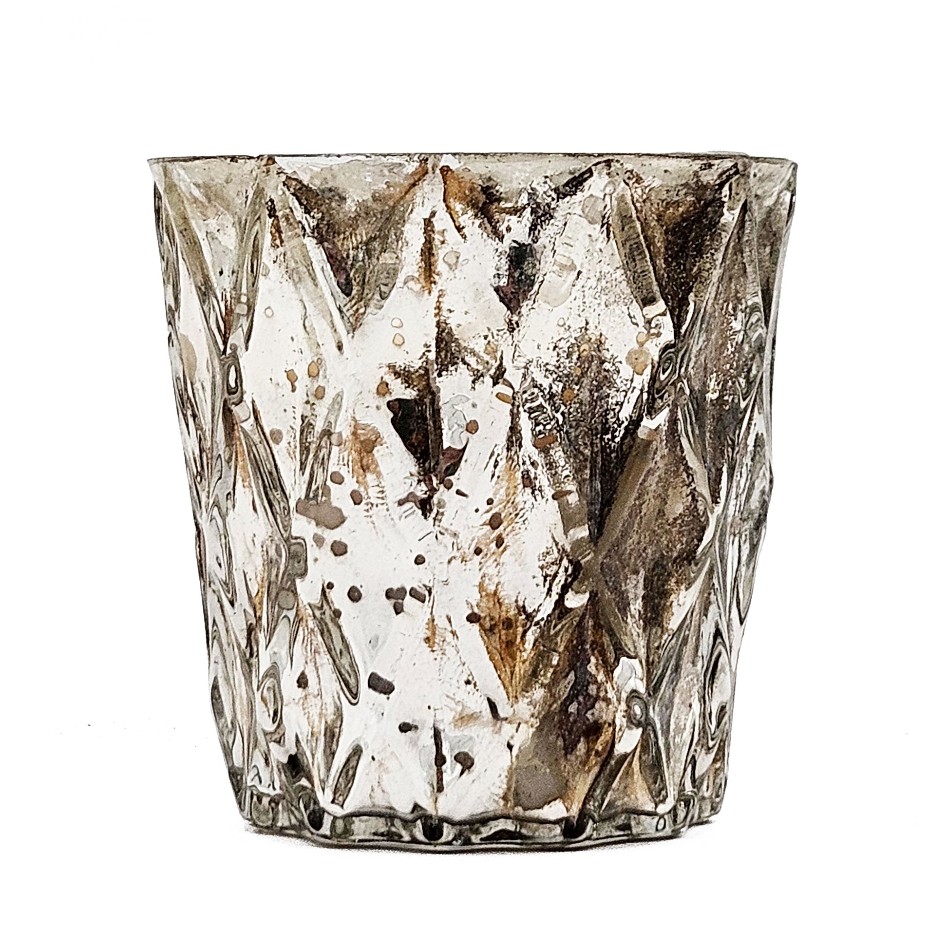 Textured glass votive candle holder with antique silver finish